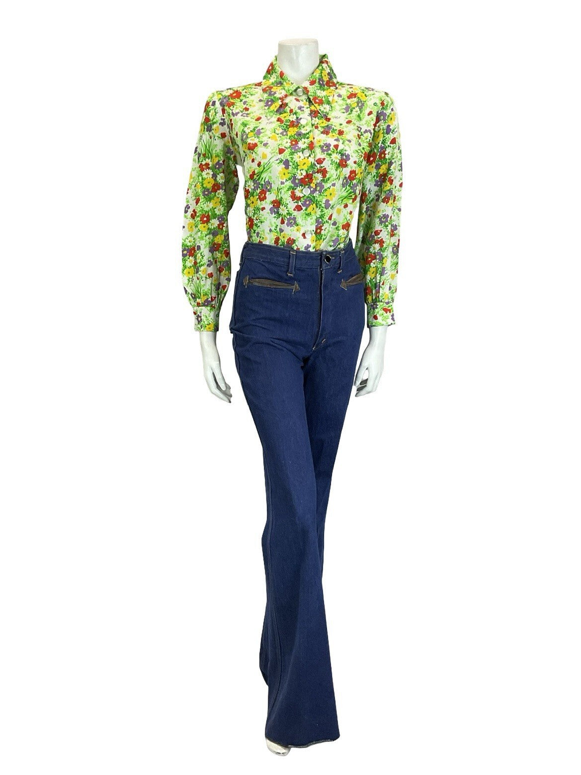 VTG 60S 70S WHITE GREEN RED PURPLE YELLOW DAGGER COLLAR FLORAL GARDEN SHIRT 12