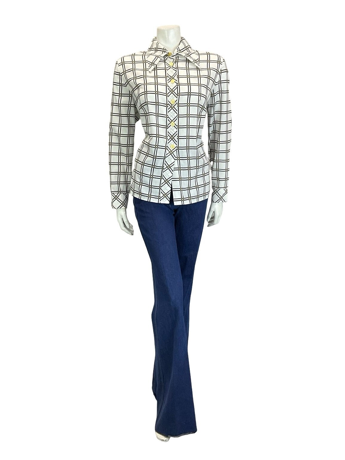 VTG 60S 70S MOD GEOMETRIC WHITE BLACK YELLOW CHECKED GRID DAGGER COLLAR SHIRT 18