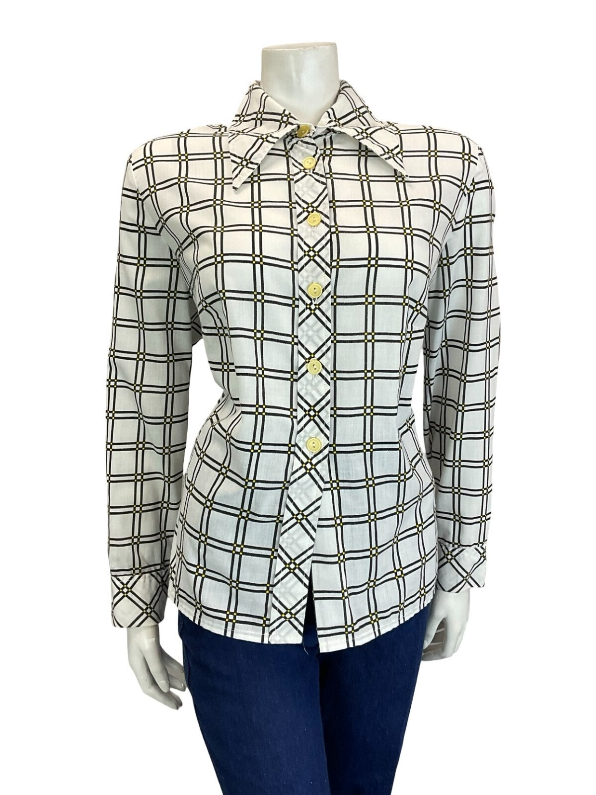 VTG 60S 70S MOD GEOMETRIC WHITE BLACK YELLOW CHECKED GRID DAGGER COLLAR SHIRT 18