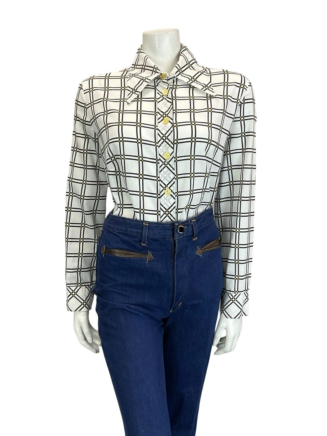 VTG 60S 70S MOD GEOMETRIC WHITE BLACK YELLOW CHECKED GRID DAGGER COLLAR SHIRT 18