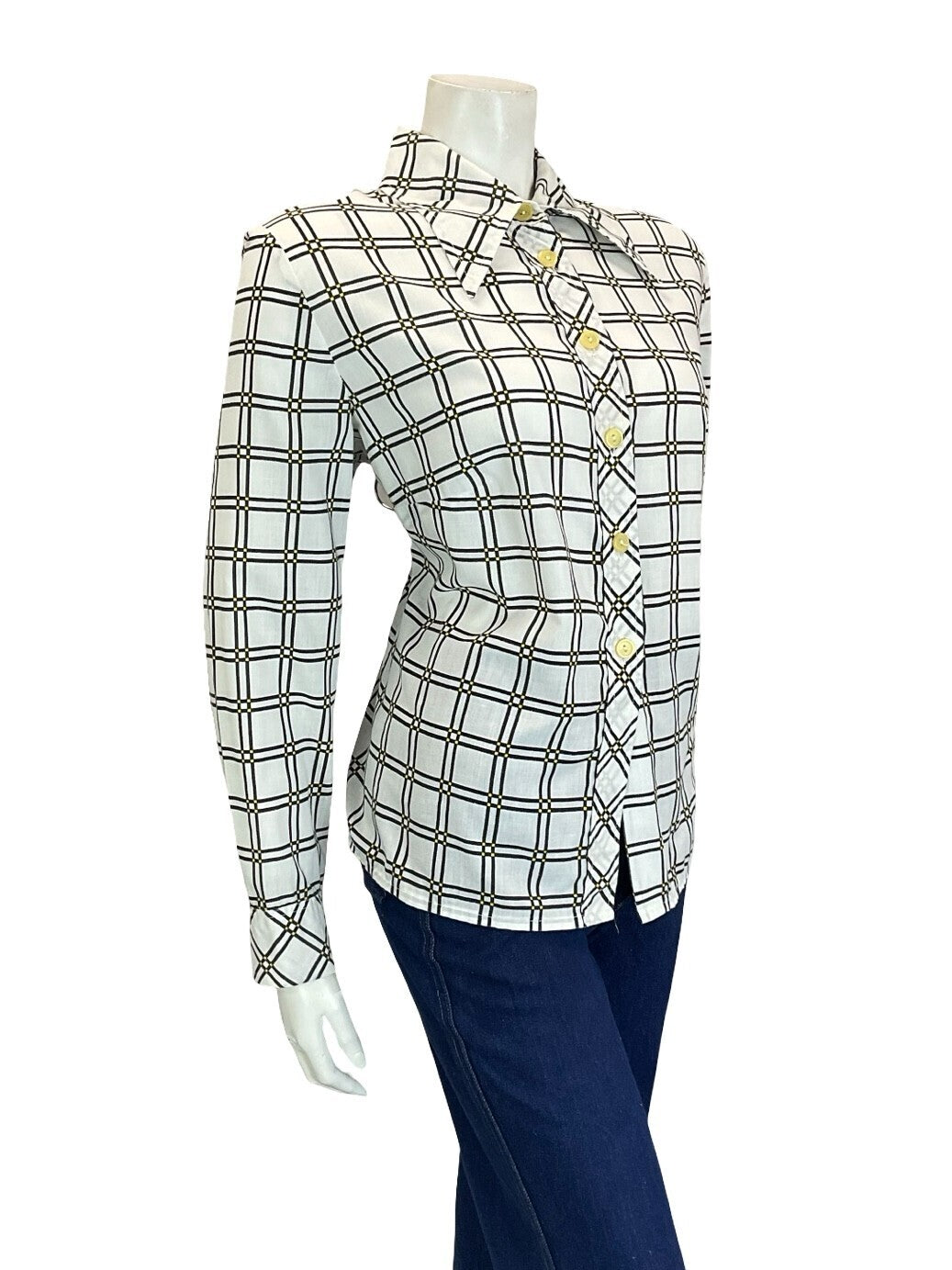 VTG 60S 70S MOD GEOMETRIC WHITE BLACK YELLOW CHECKED GRID DAGGER COLLAR SHIRT 18