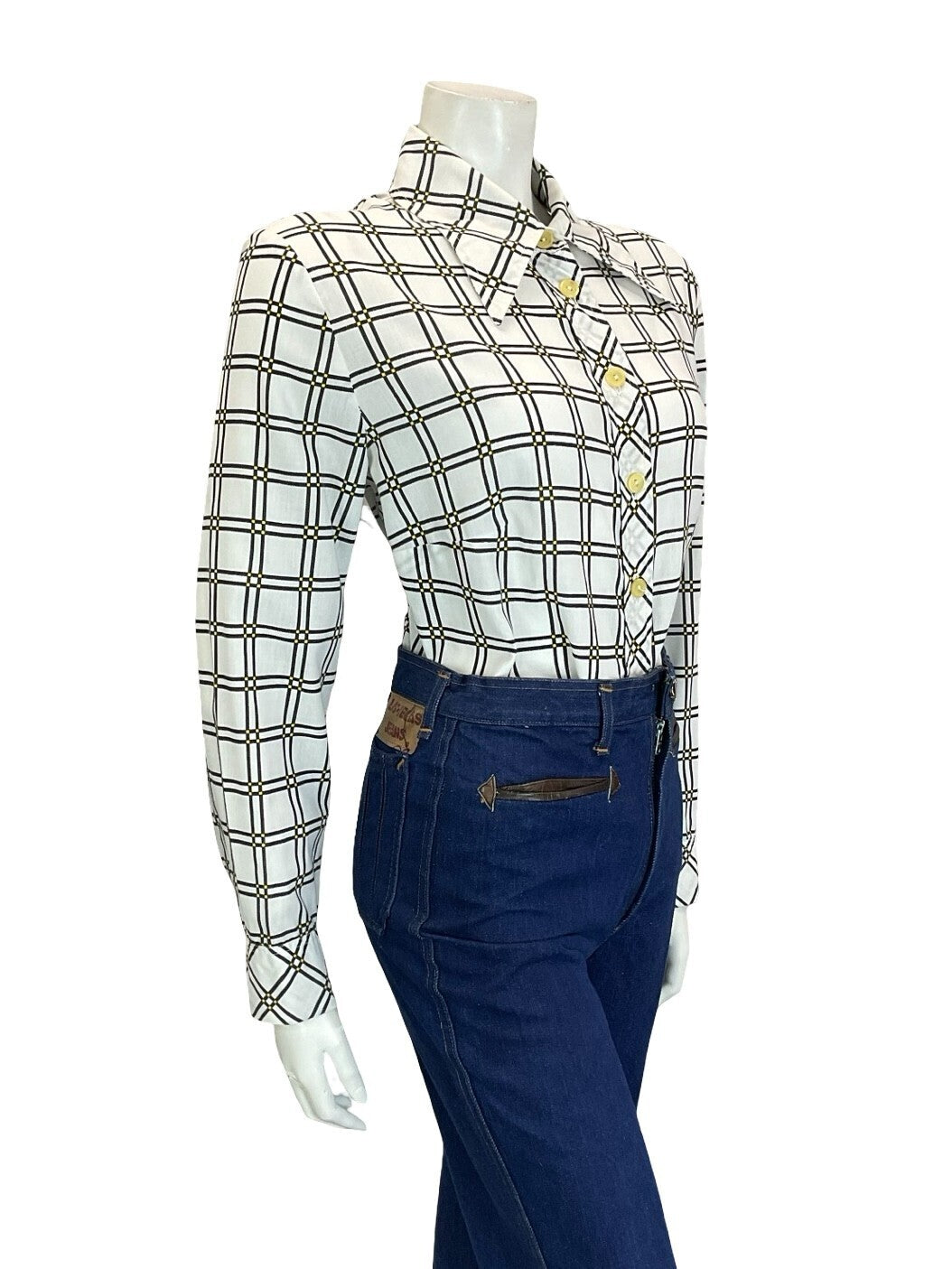 VTG 60S 70S MOD GEOMETRIC WHITE BLACK YELLOW CHECKED GRID DAGGER COLLAR SHIRT 18