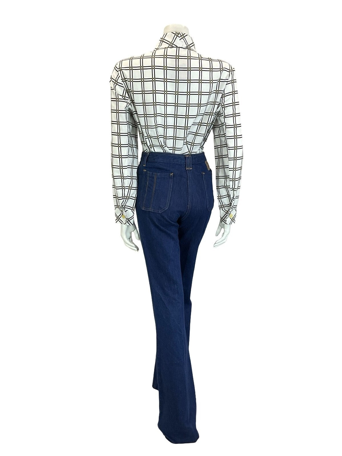 VTG 60S 70S MOD GEOMETRIC WHITE BLACK YELLOW CHECKED GRID DAGGER COLLAR SHIRT 18