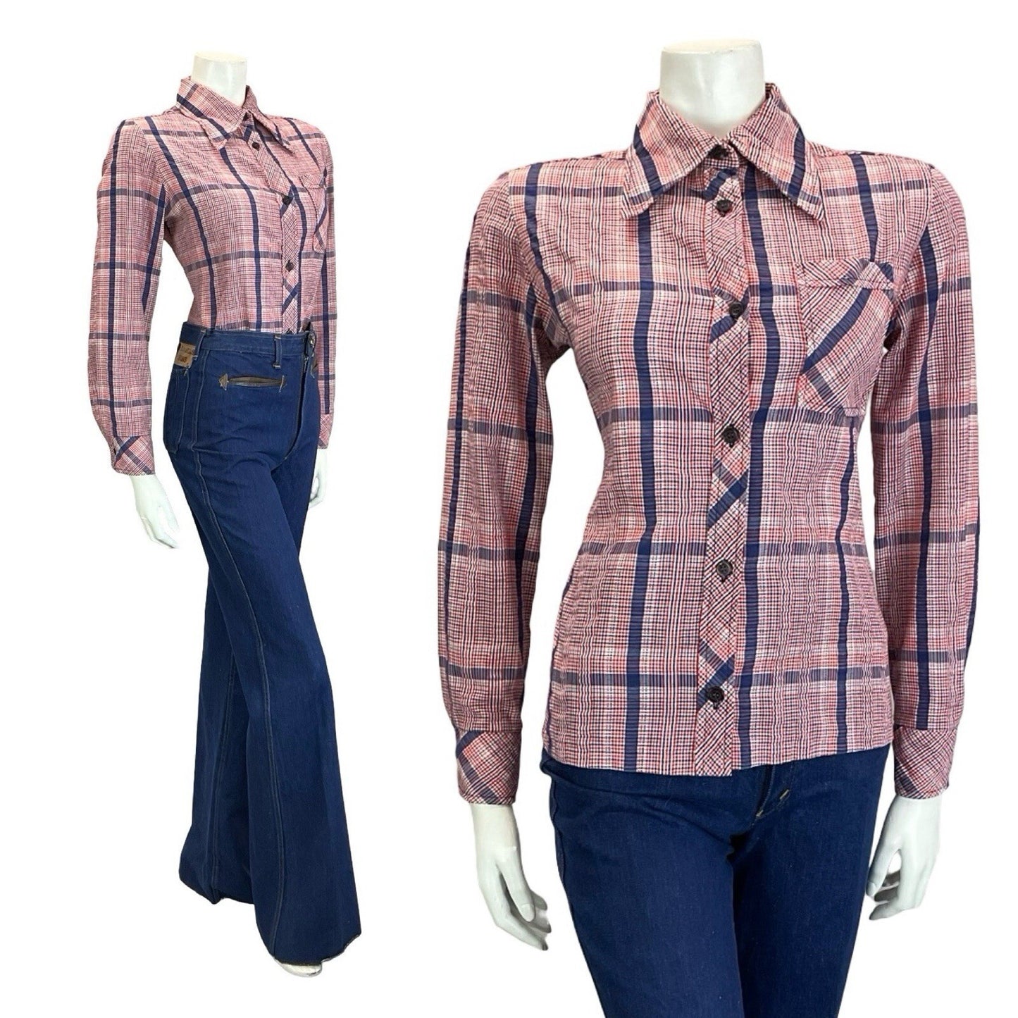 VTG 60S 70S FOLK PRAIRIE RED WHITE BLUE GINGHAM CHECKED DAGGER COLLAR SHIRT 12
