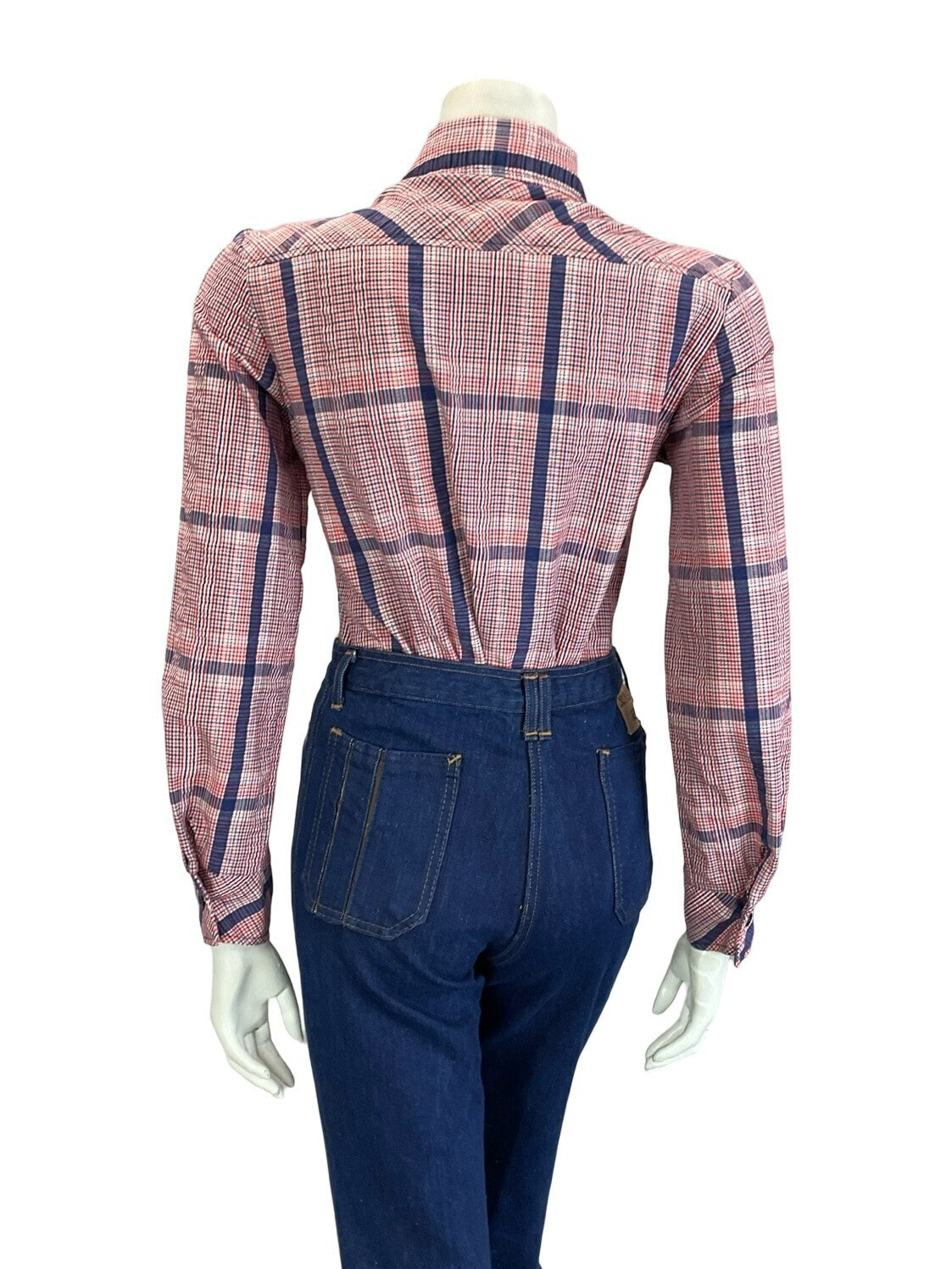 VTG 60S 70S FOLK PRAIRIE RED WHITE BLUE GINGHAM CHECKED DAGGER COLLAR SHIRT 12