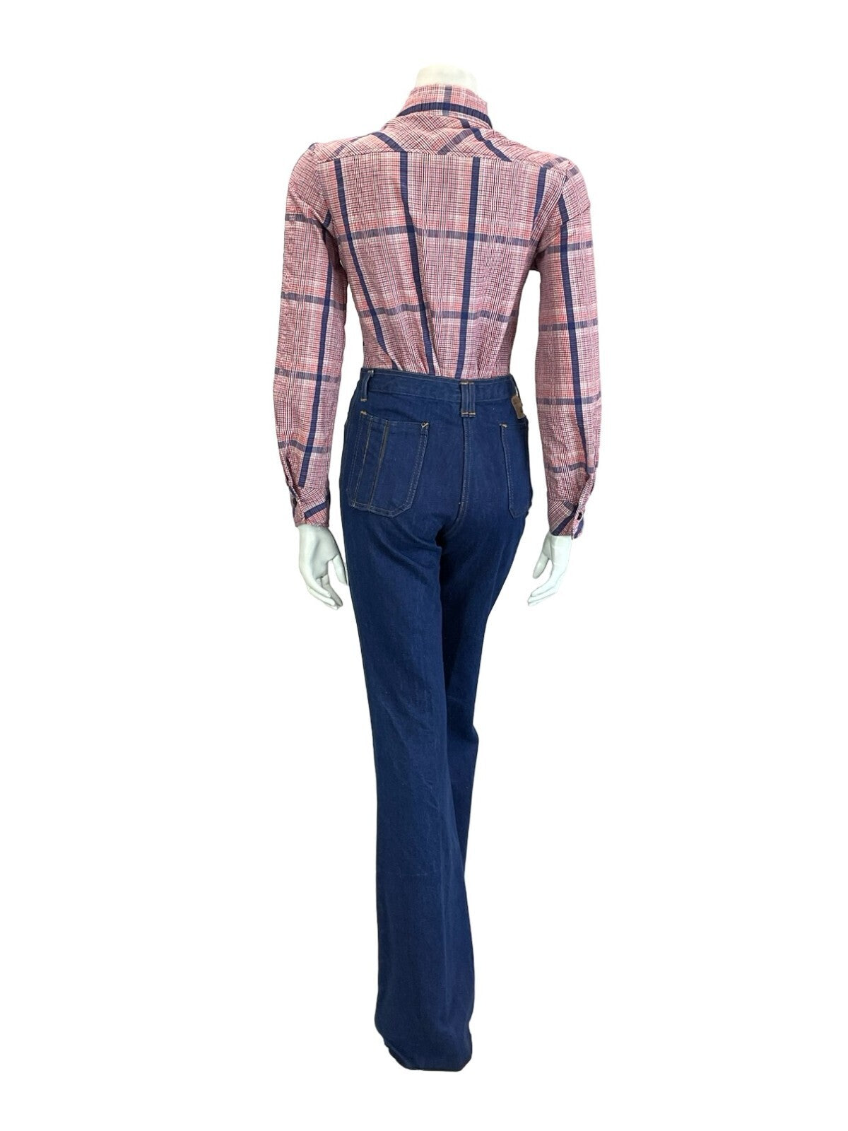 VTG 60S 70S FOLK PRAIRIE RED WHITE BLUE GINGHAM CHECKED DAGGER COLLAR SHIRT 12