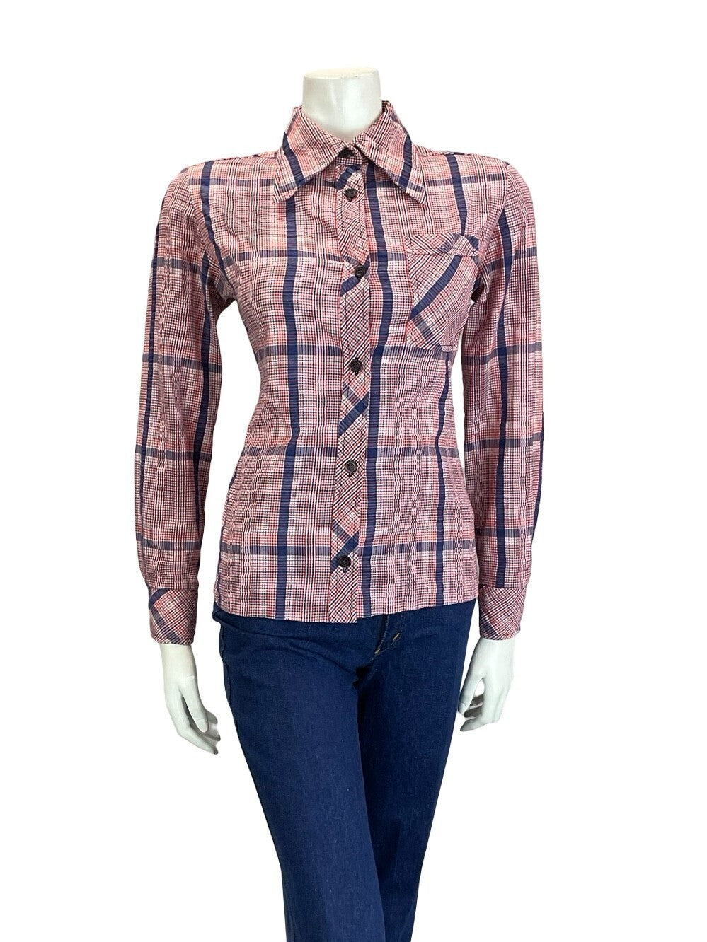 VTG 60S 70S FOLK PRAIRIE RED WHITE BLUE GINGHAM CHECKED DAGGER COLLAR SHIRT 12