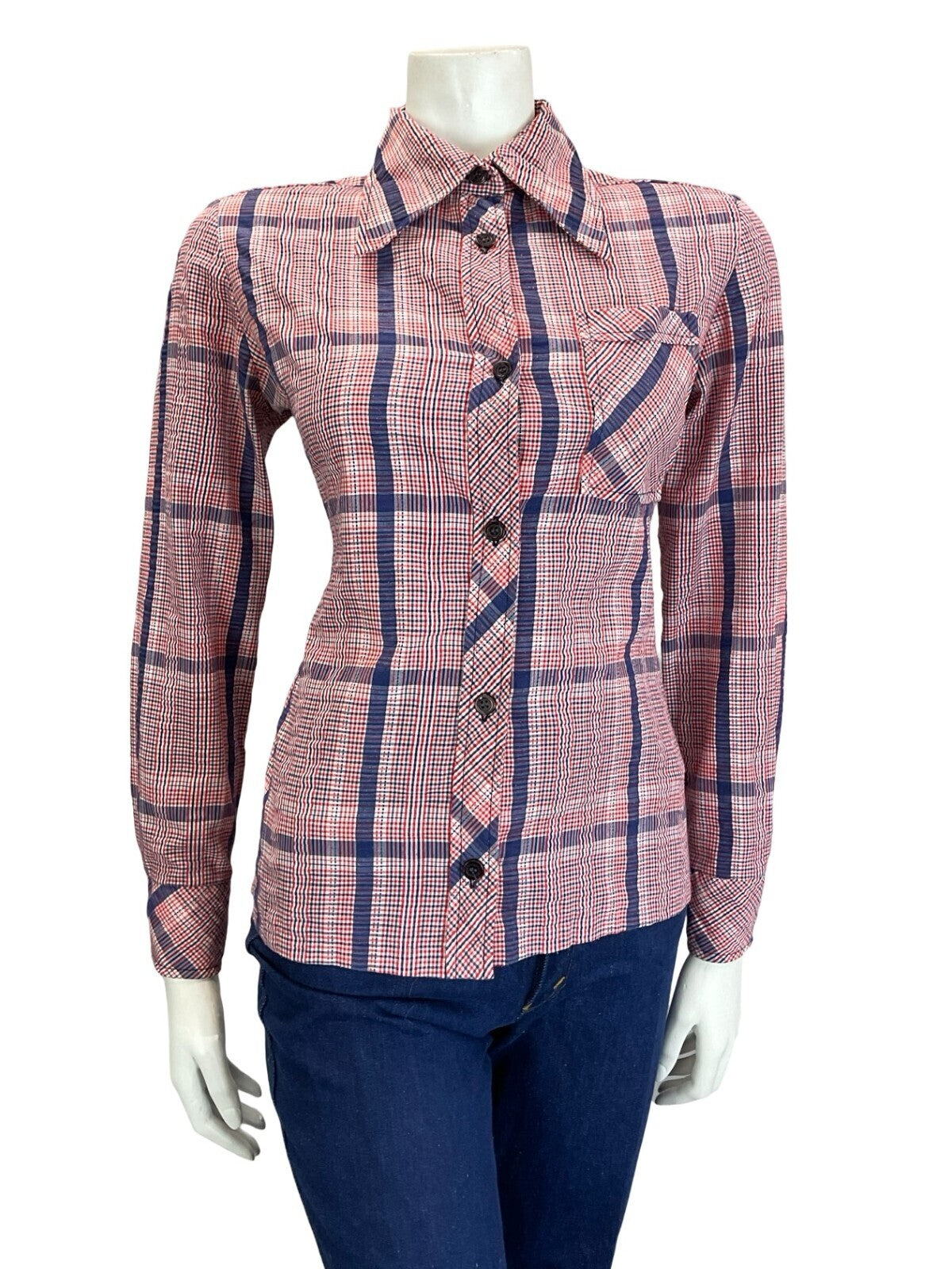 VTG 60S 70S FOLK PRAIRIE RED WHITE BLUE GINGHAM CHECKED DAGGER COLLAR SHIRT 12