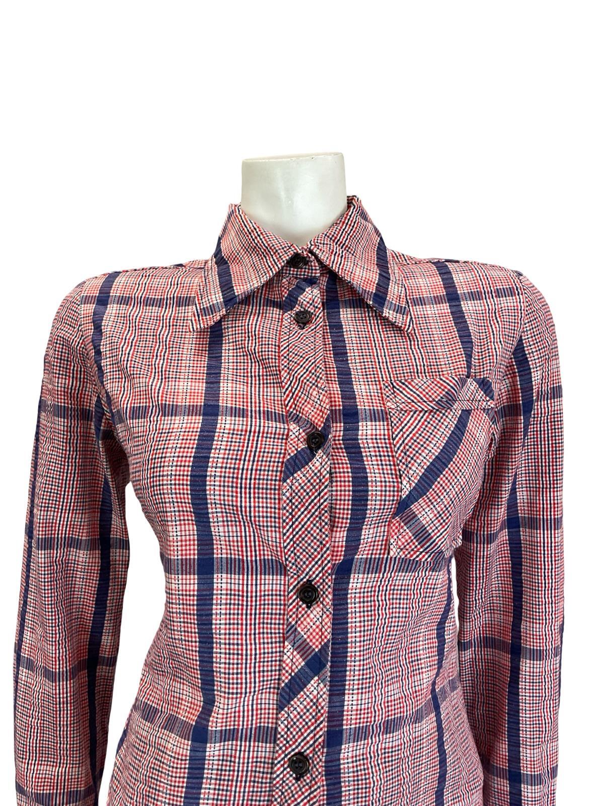 VTG 60S 70S FOLK PRAIRIE RED WHITE BLUE GINGHAM CHECKED DAGGER COLLAR SHIRT 12