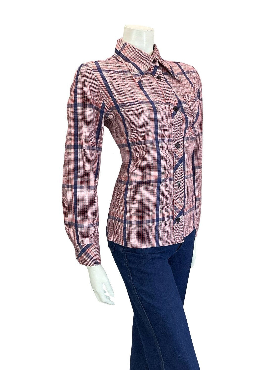 VTG 60S 70S FOLK PRAIRIE RED WHITE BLUE GINGHAM CHECKED DAGGER COLLAR SHIRT 12