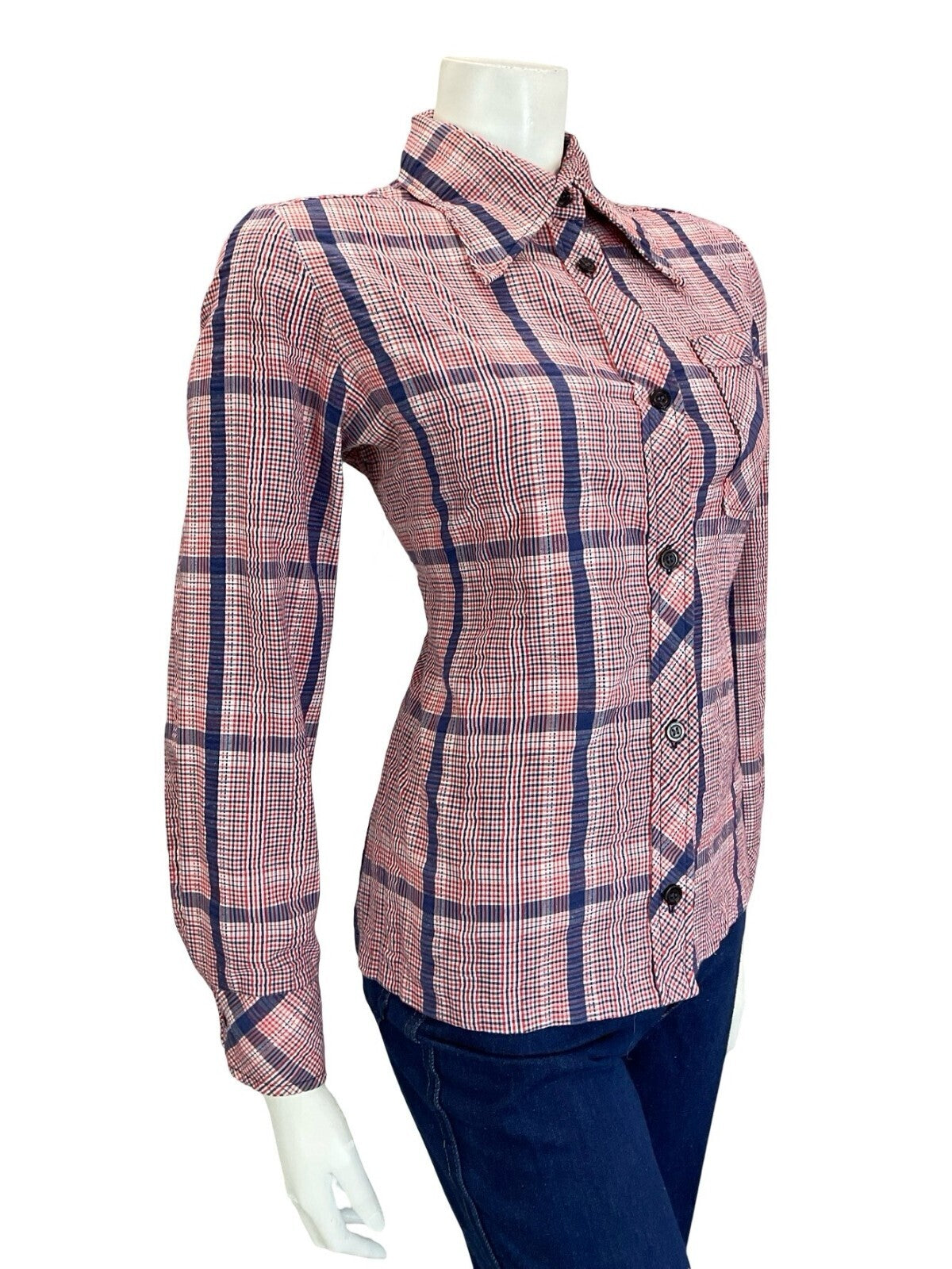 VTG 60S 70S FOLK PRAIRIE RED WHITE BLUE GINGHAM CHECKED DAGGER COLLAR SHIRT 12