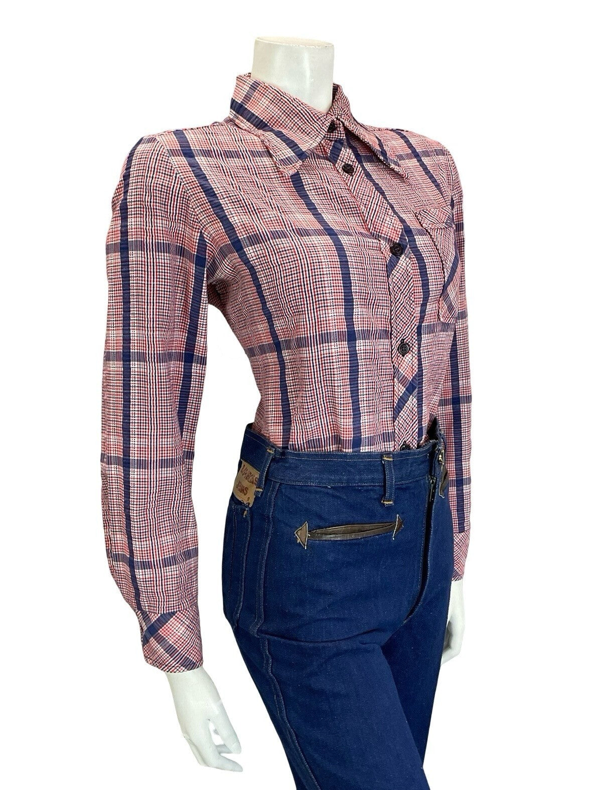 VTG 60S 70S FOLK PRAIRIE RED WHITE BLUE GINGHAM CHECKED DAGGER COLLAR SHIRT 12