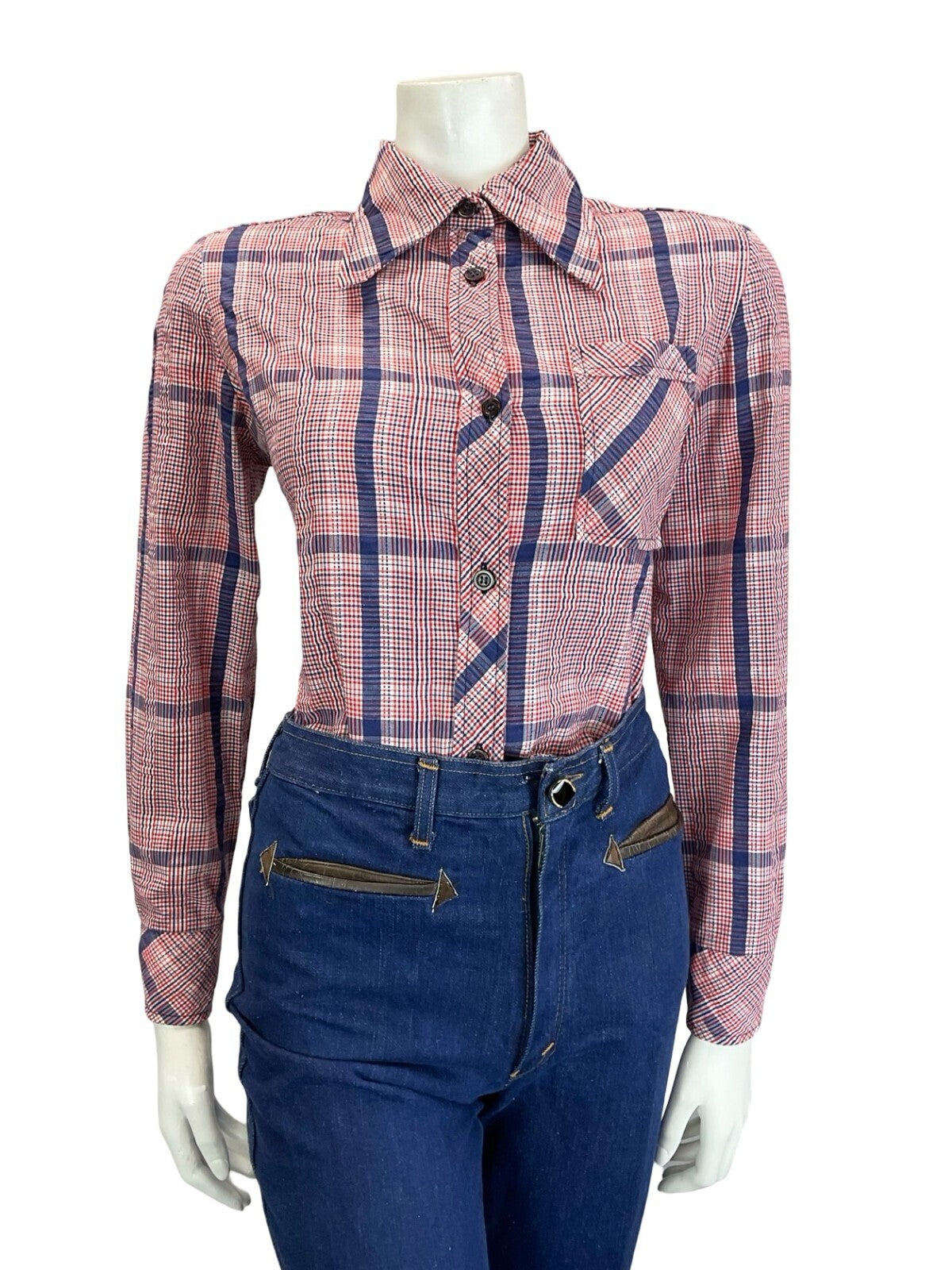 VTG 60S 70S FOLK PRAIRIE RED WHITE BLUE GINGHAM CHECKED DAGGER COLLAR SHIRT 12