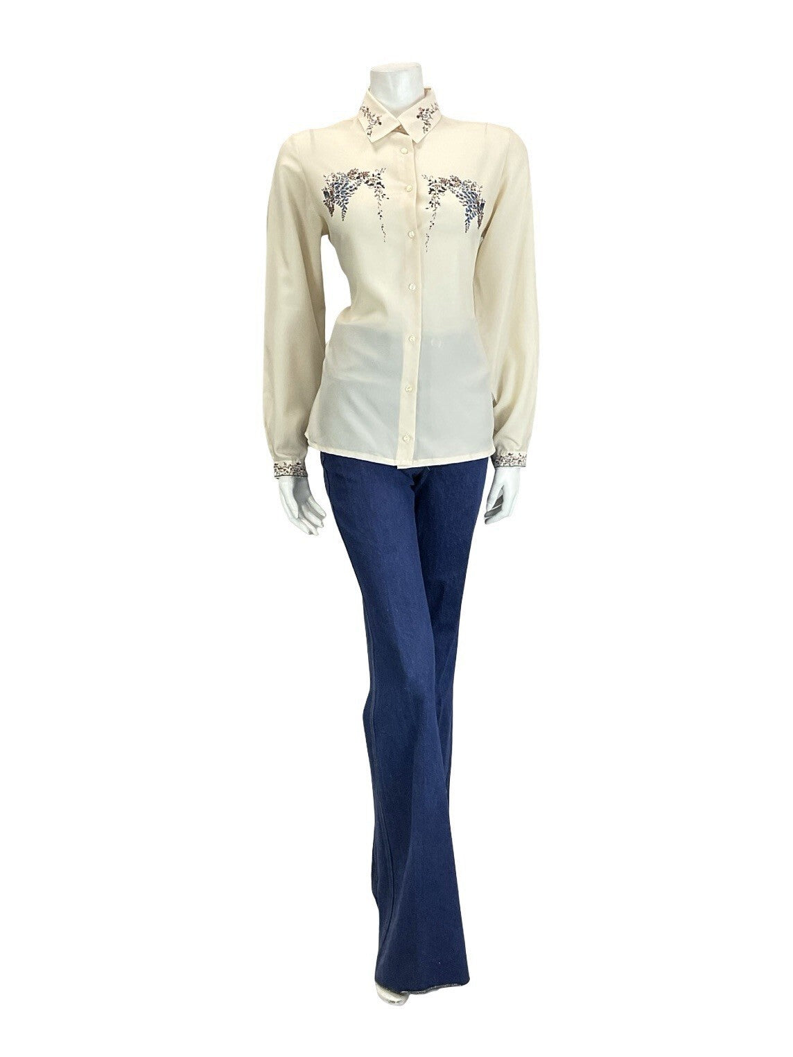 VTG 60S 70S CREAM BROWN NAVY BLUE ROMANTIC ART DECO FLORAL DETAILING SHIRT 16