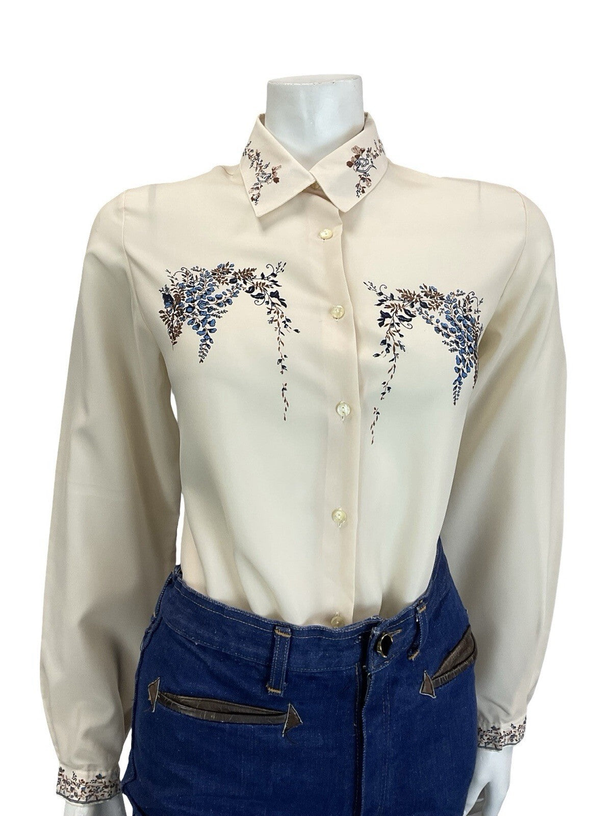 VTG 60S 70S CREAM BROWN NAVY BLUE ROMANTIC ART DECO FLORAL DETAILING SHIRT 16