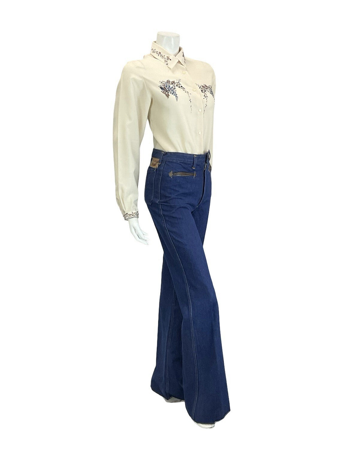 VTG 60S 70S CREAM BROWN NAVY BLUE ROMANTIC ART DECO FLORAL DETAILING SHIRT 16