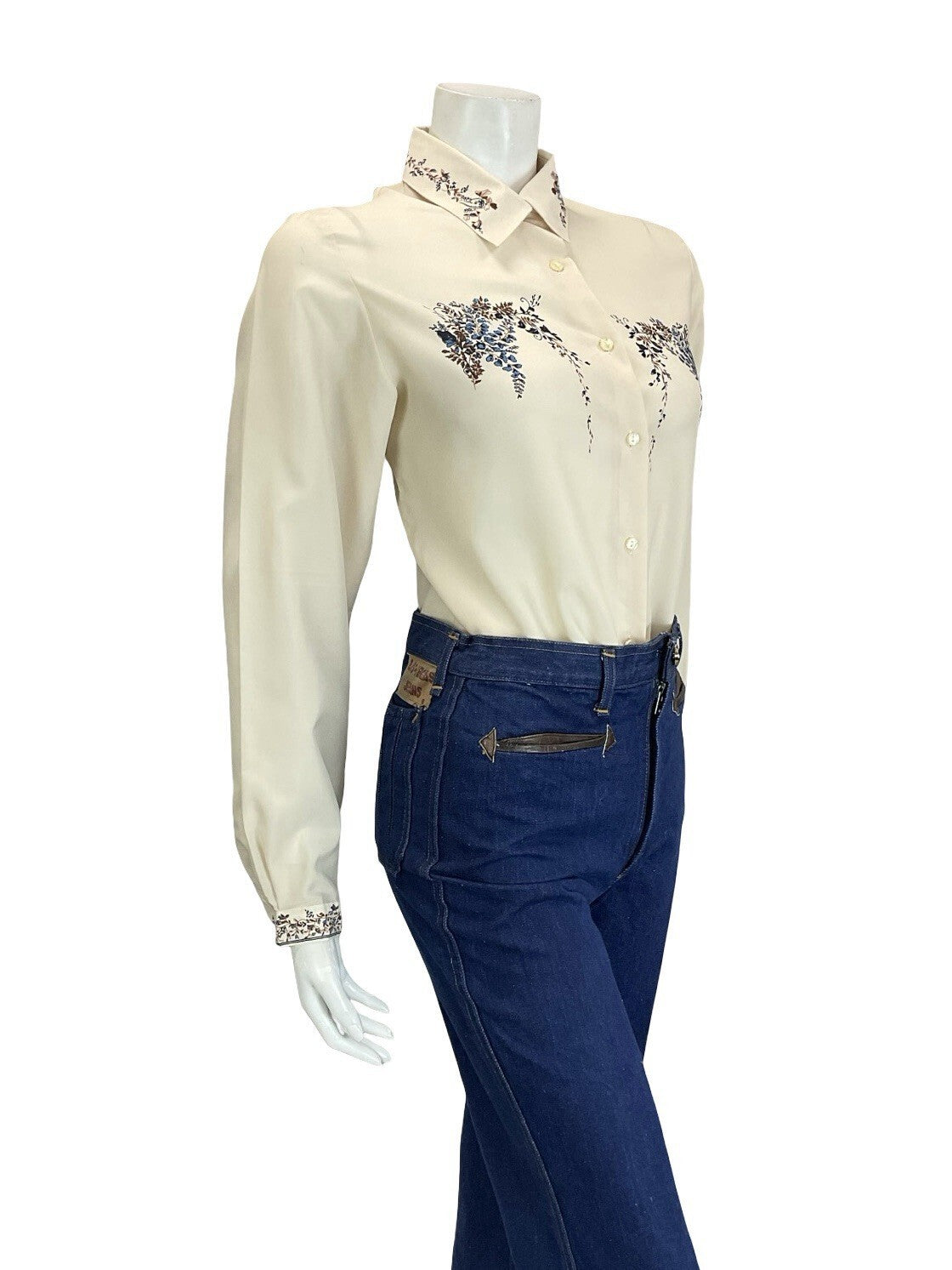 VTG 60S 70S CREAM BROWN NAVY BLUE ROMANTIC ART DECO FLORAL DETAILING SHIRT 16
