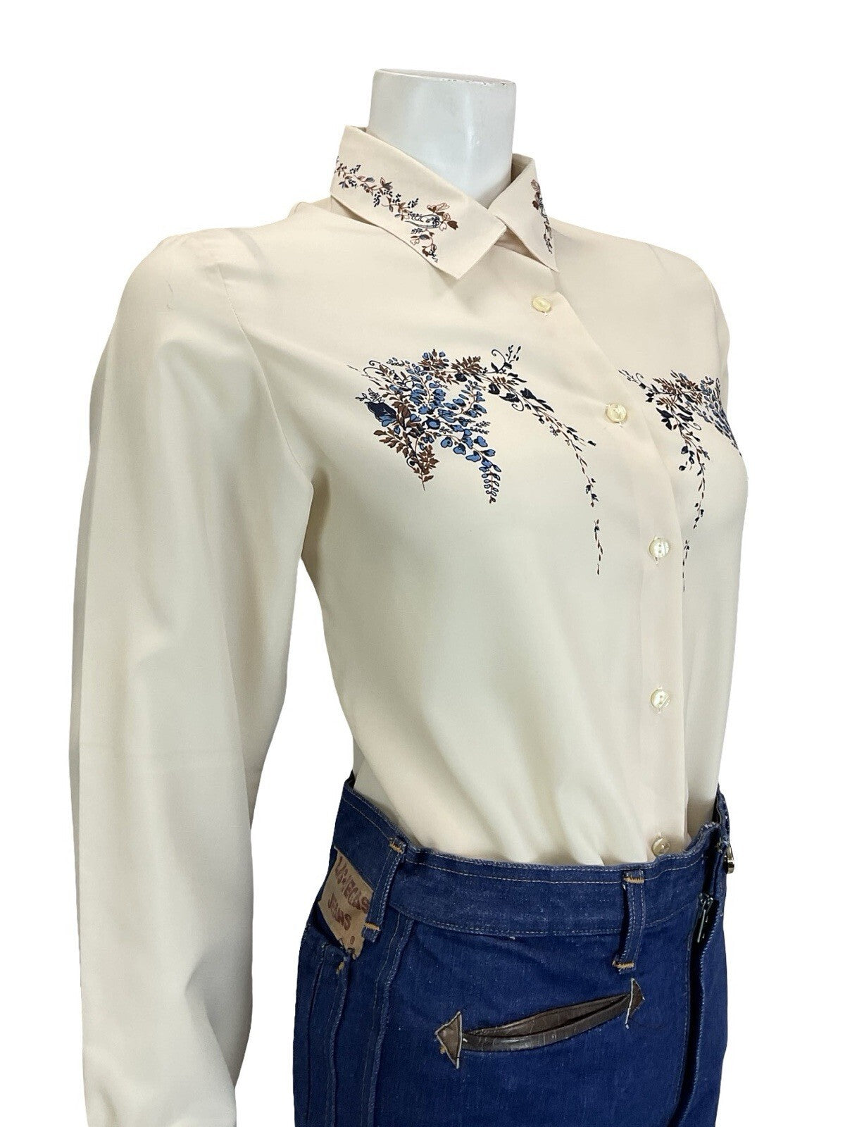 VTG 60S 70S CREAM BROWN NAVY BLUE ROMANTIC ART DECO FLORAL DETAILING SHIRT 16