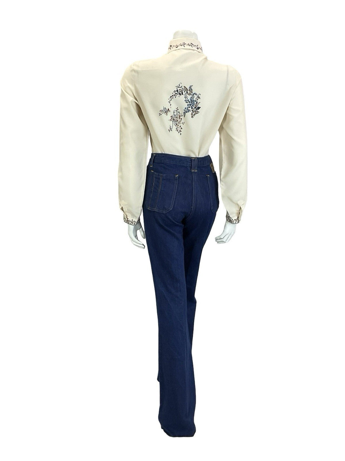VTG 60S 70S CREAM BROWN NAVY BLUE ROMANTIC ART DECO FLORAL DETAILING SHIRT 16