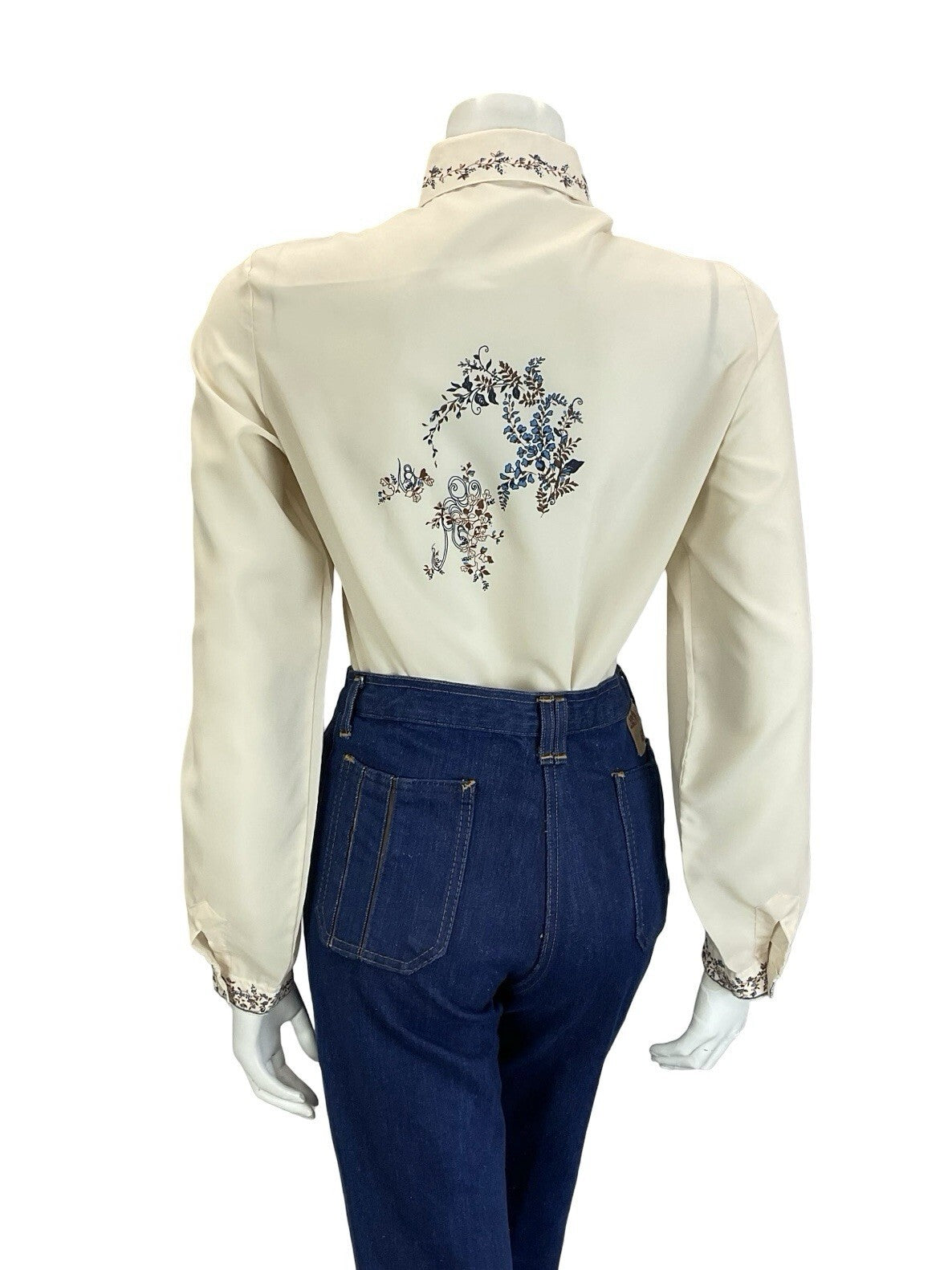 VTG 60S 70S CREAM BROWN NAVY BLUE ROMANTIC ART DECO FLORAL DETAILING SHIRT 16