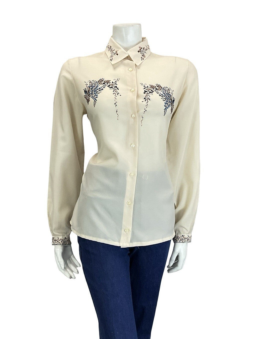 VTG 60S 70S CREAM BROWN NAVY BLUE ROMANTIC ART DECO FLORAL DETAILING SHIRT 16