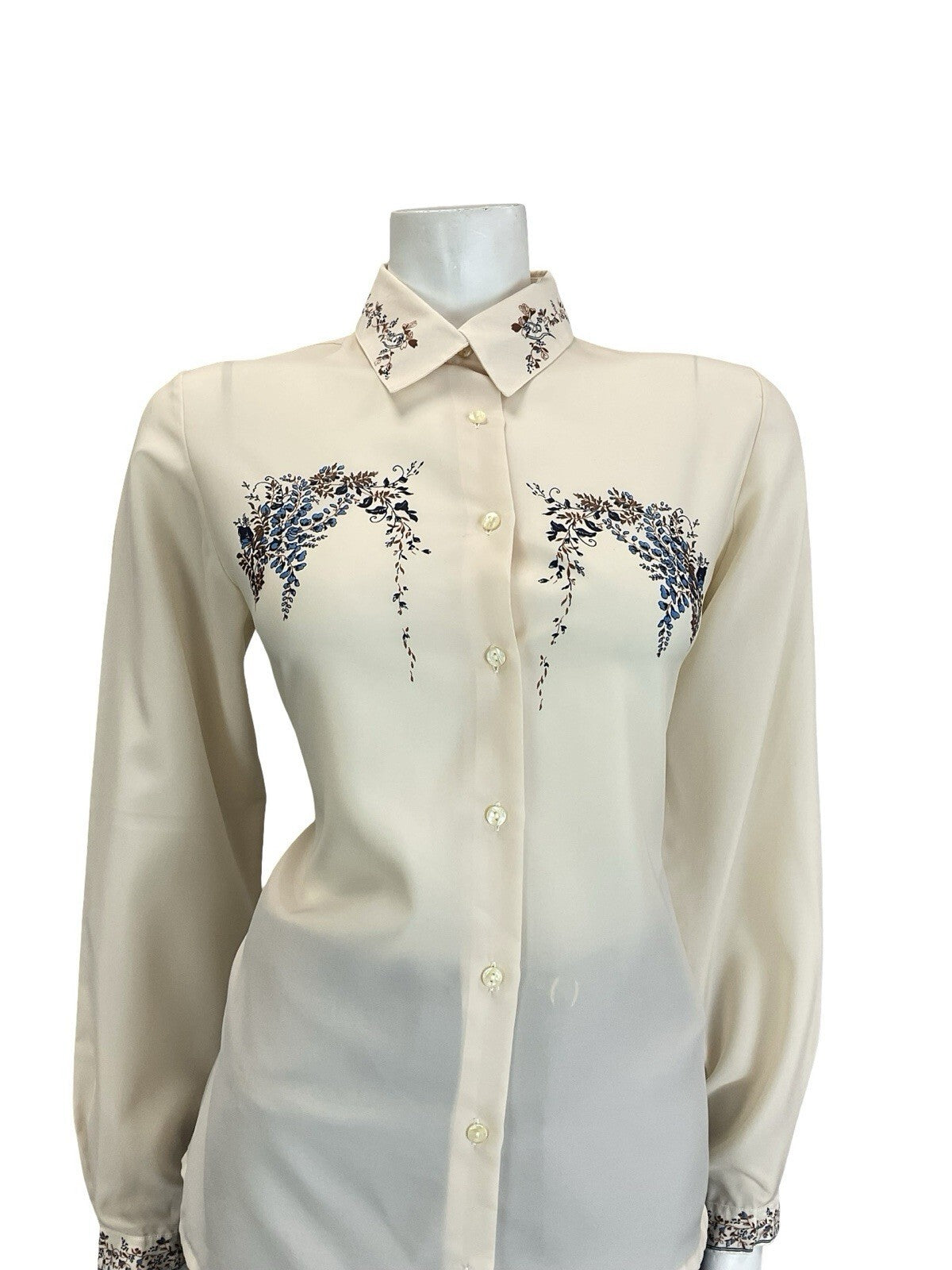 VTG 60S 70S CREAM BROWN NAVY BLUE ROMANTIC ART DECO FLORAL DETAILING SHIRT 16