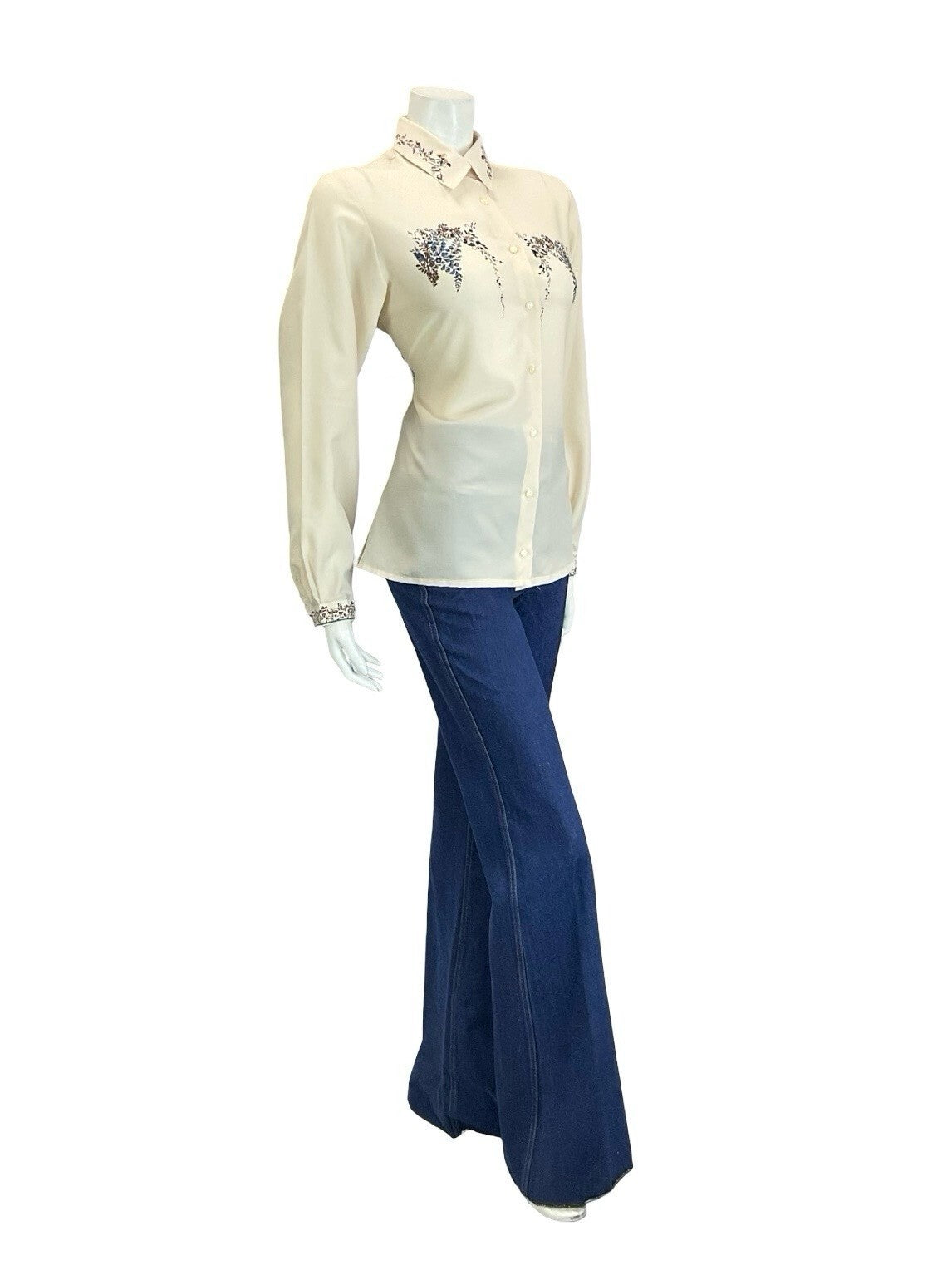 VTG 60S 70S CREAM BROWN NAVY BLUE ROMANTIC ART DECO FLORAL DETAILING SHIRT 16