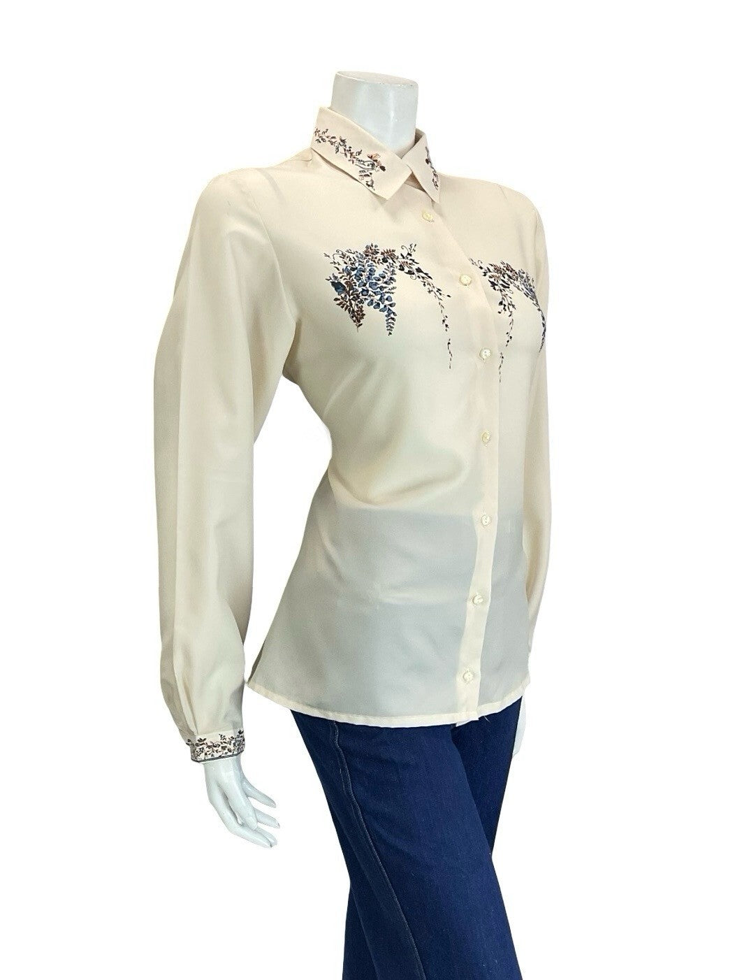 VTG 60S 70S CREAM BROWN NAVY BLUE ROMANTIC ART DECO FLORAL DETAILING SHIRT 16