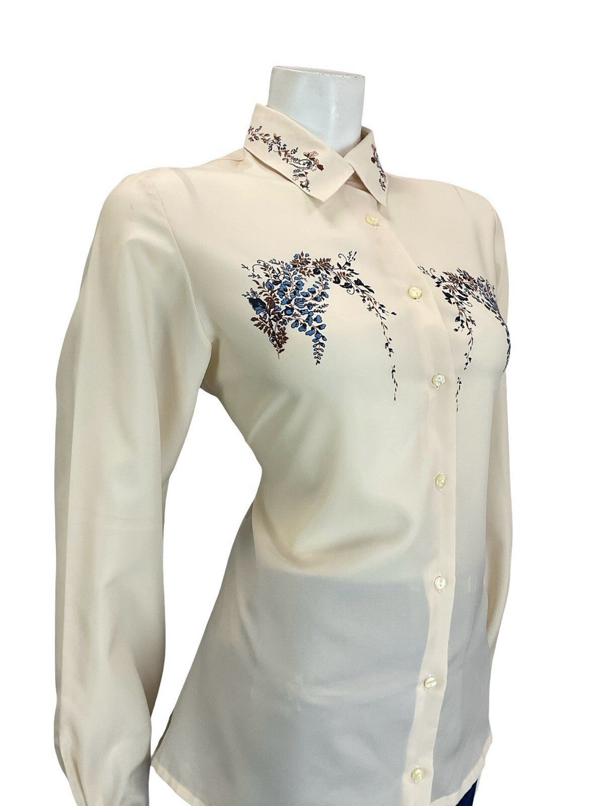 VTG 60S 70S CREAM BROWN NAVY BLUE ROMANTIC ART DECO FLORAL DETAILING SHIRT 16