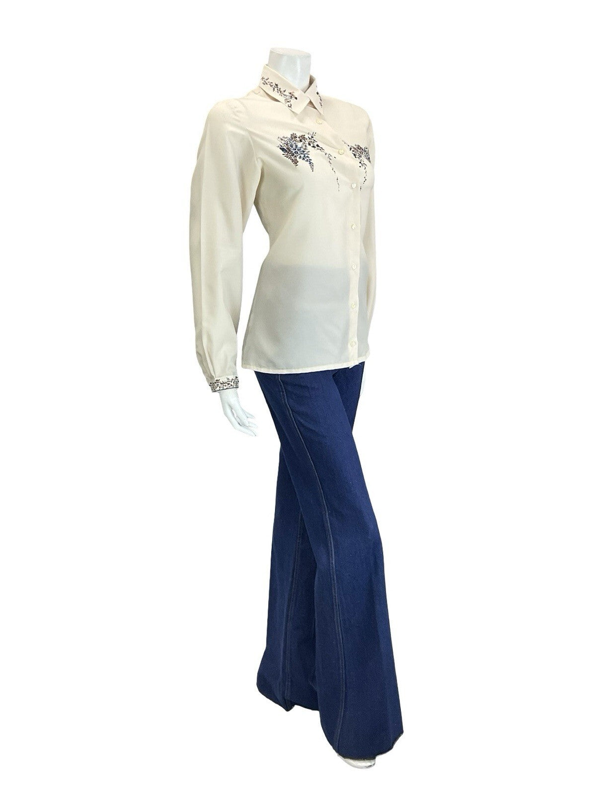 VTG 60S 70S CREAM BROWN NAVY BLUE ROMANTIC ART DECO FLORAL DETAILING SHIRT 16