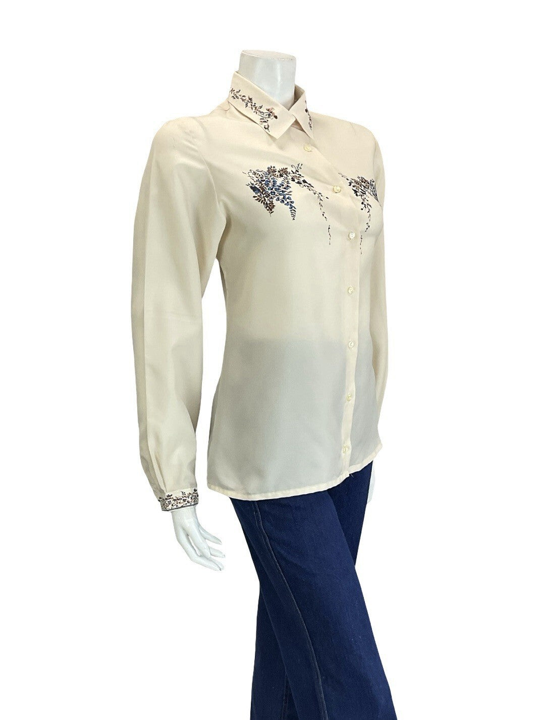 VTG 60S 70S CREAM BROWN NAVY BLUE ROMANTIC ART DECO FLORAL DETAILING SHIRT 16