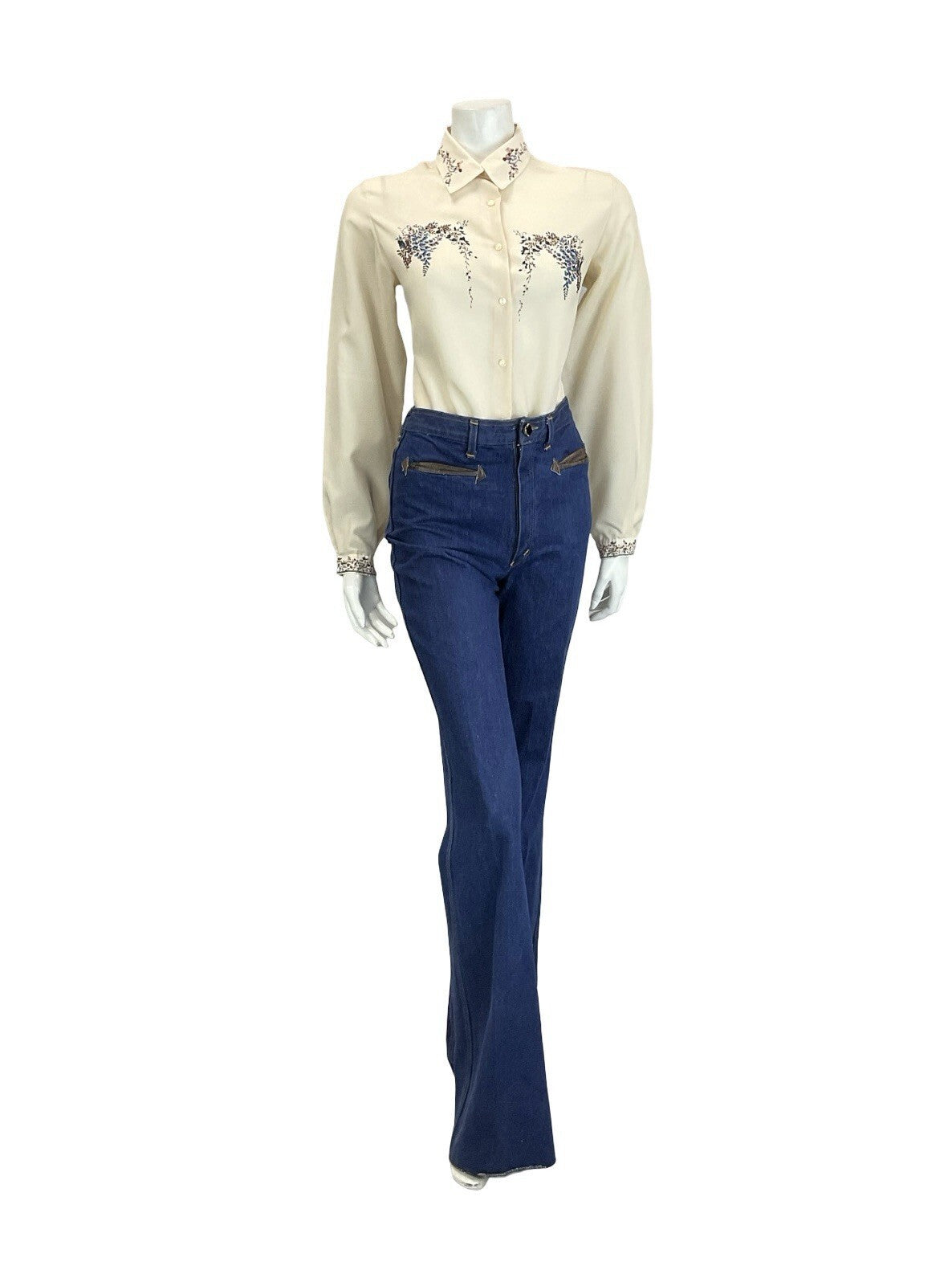 VTG 60S 70S CREAM BROWN NAVY BLUE ROMANTIC ART DECO FLORAL DETAILING SHIRT 16