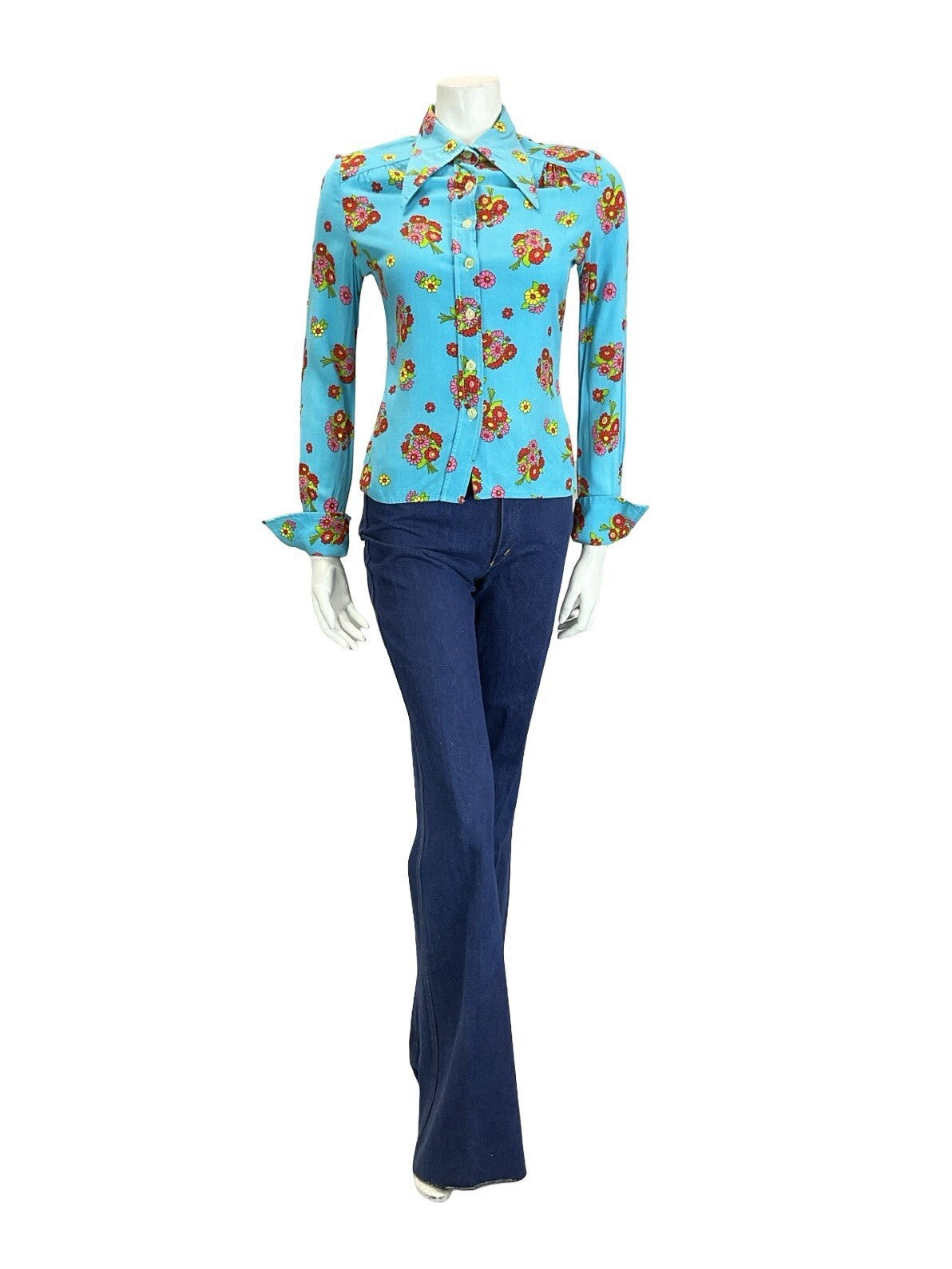 VTG 60S 70S BLUE RED PINK GREEN YELLOW FLORAL DAGGER NEAPOLITAN SLEEVE SHIRT 10