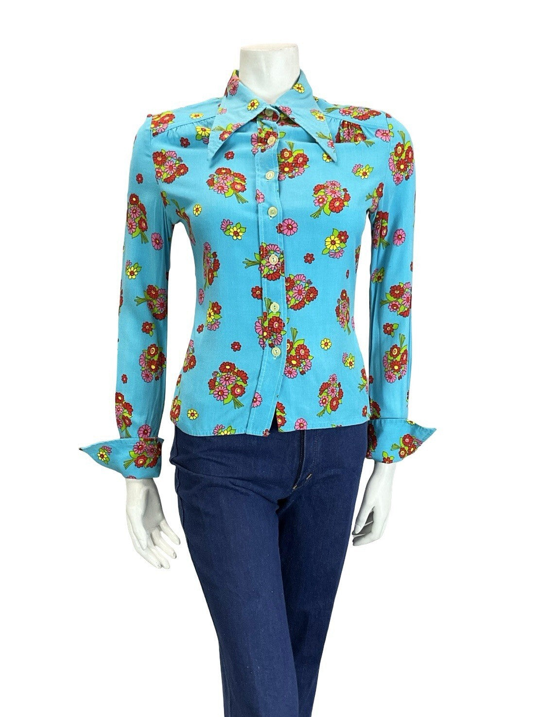 VTG 60S 70S BLUE RED PINK GREEN YELLOW FLORAL DAGGER NEAPOLITAN SLEEVE SHIRT 10