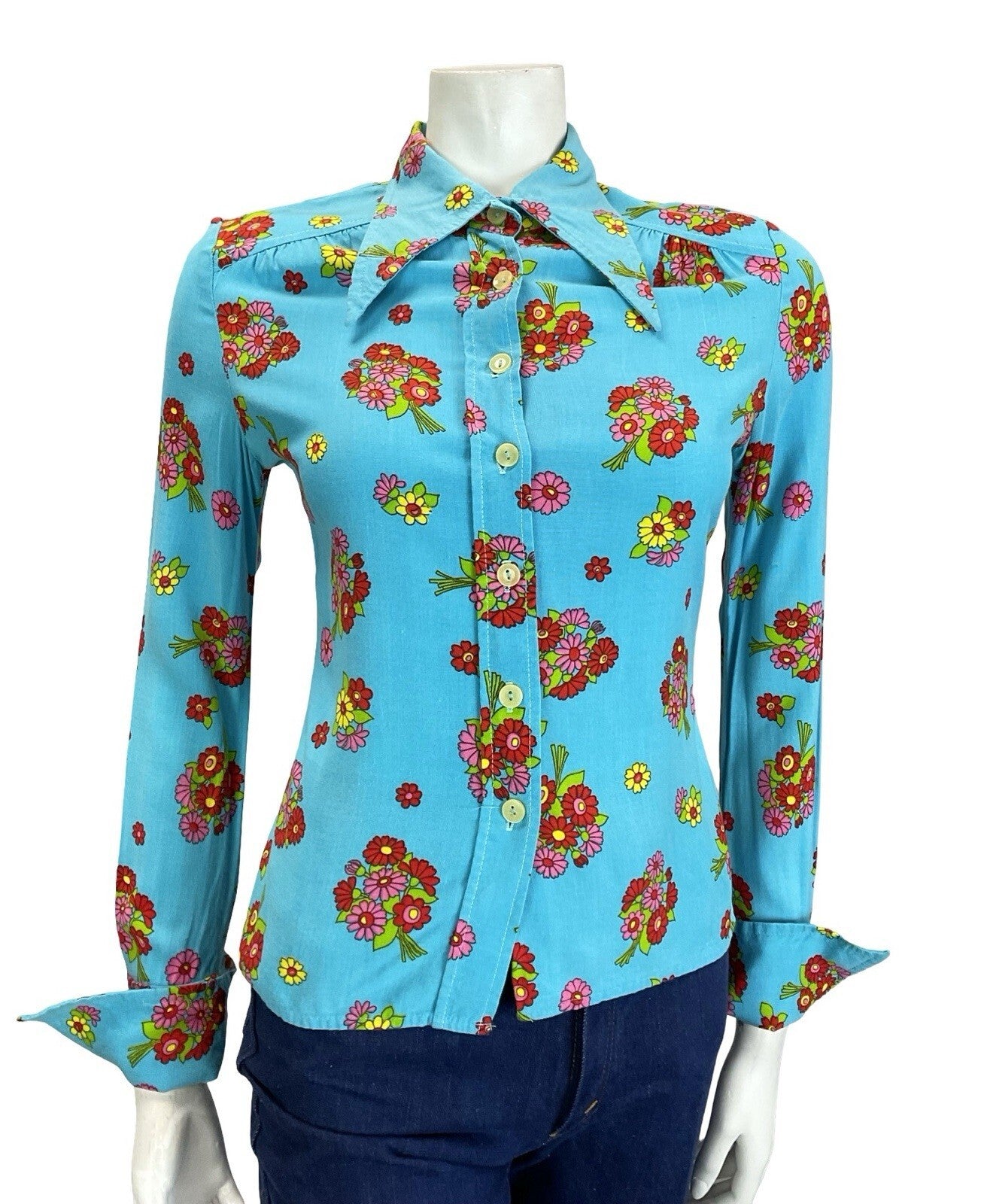 VTG 60S 70S BLUE RED PINK GREEN YELLOW FLORAL DAGGER NEAPOLITAN SLEEVE SHIRT 10