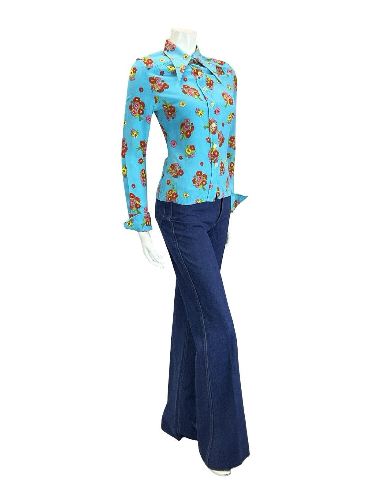 VTG 60S 70S BLUE RED PINK GREEN YELLOW FLORAL DAGGER NEAPOLITAN SLEEVE SHIRT 10