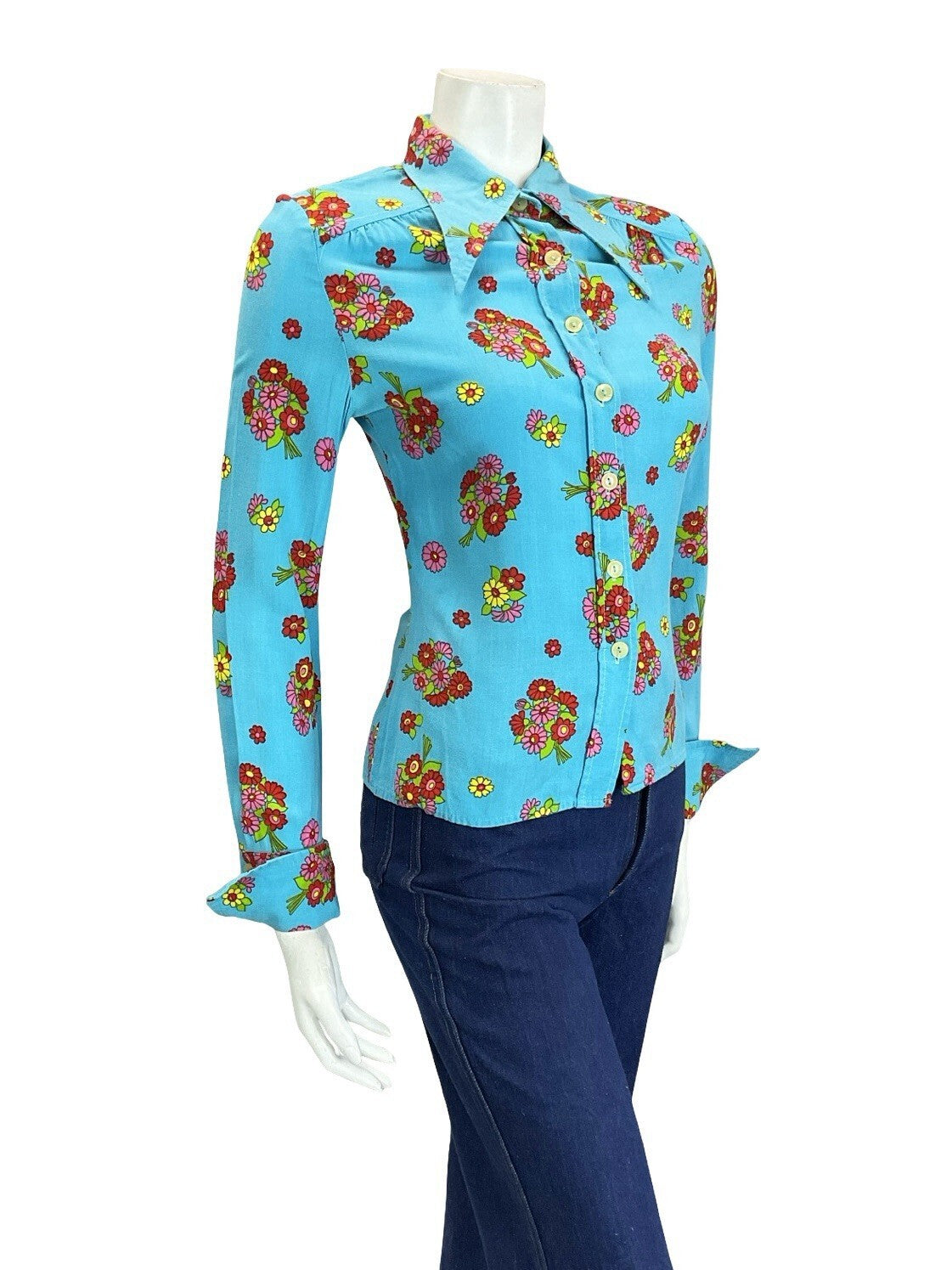 VTG 60S 70S BLUE RED PINK GREEN YELLOW FLORAL DAGGER NEAPOLITAN SLEEVE SHIRT 10