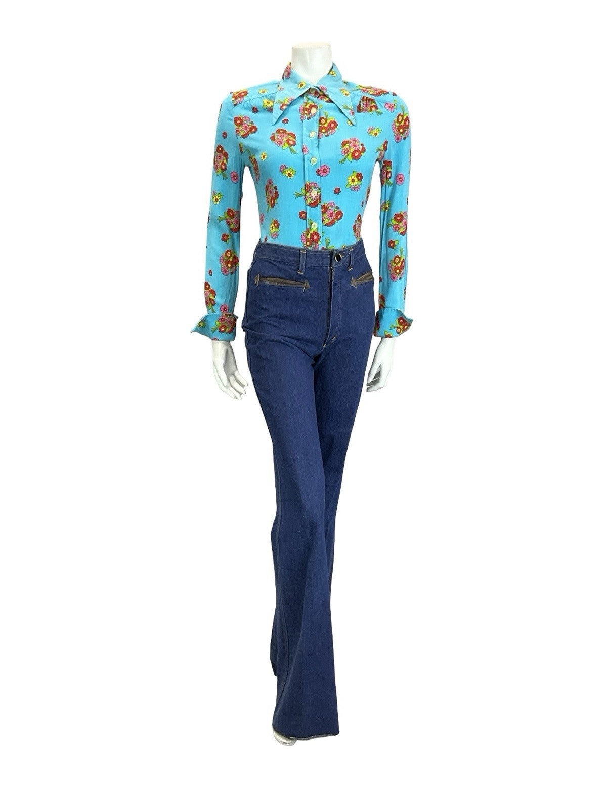 VTG 60S 70S BLUE RED PINK GREEN YELLOW FLORAL DAGGER NEAPOLITAN SLEEVE SHIRT 10
