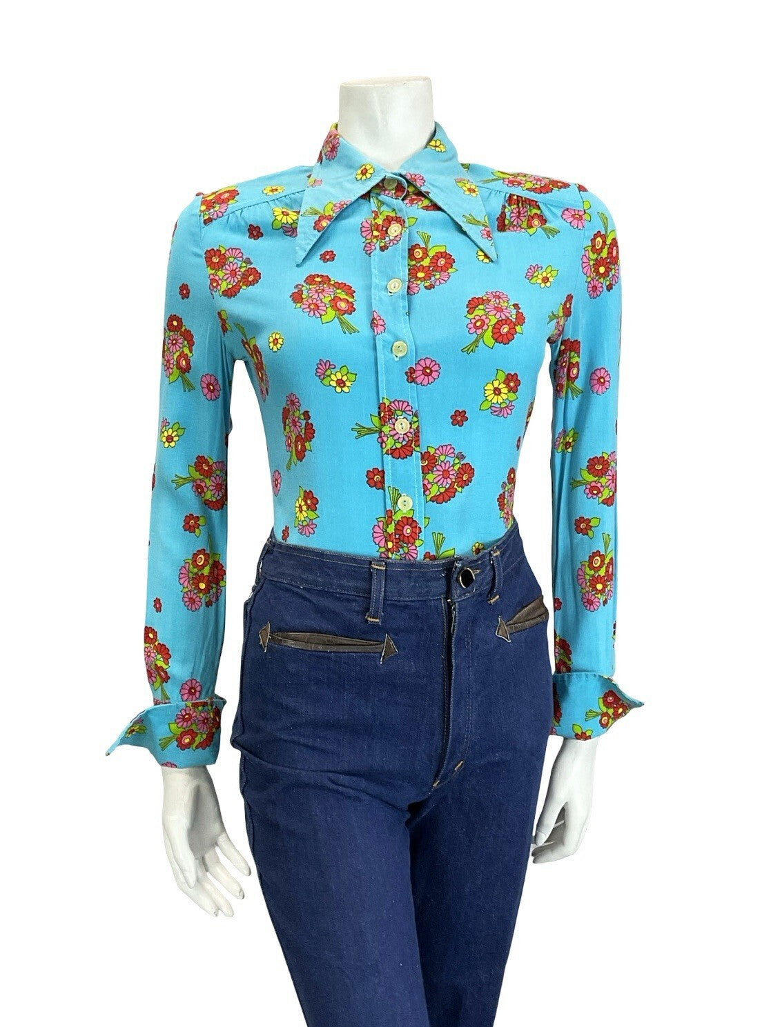 VTG 60S 70S BLUE RED PINK GREEN YELLOW FLORAL DAGGER NEAPOLITAN SLEEVE SHIRT 10