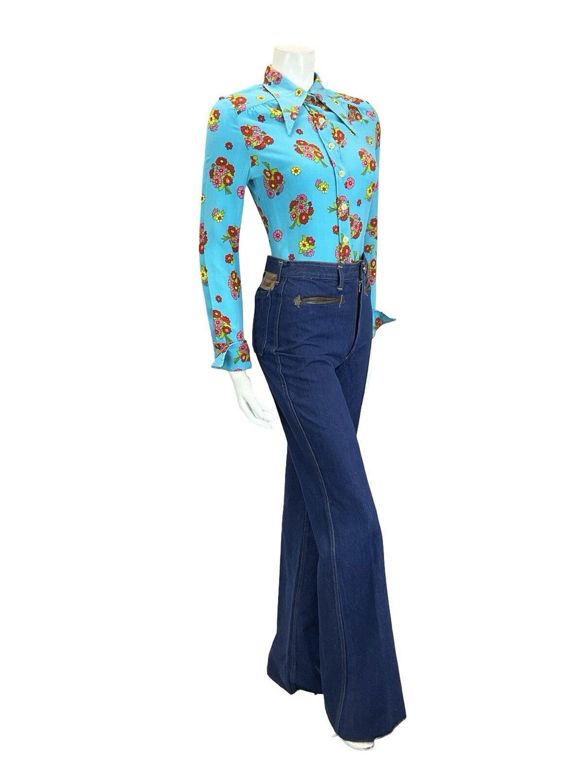VTG 60S 70S BLUE RED PINK GREEN YELLOW FLORAL DAGGER NEAPOLITAN SLEEVE SHIRT 10