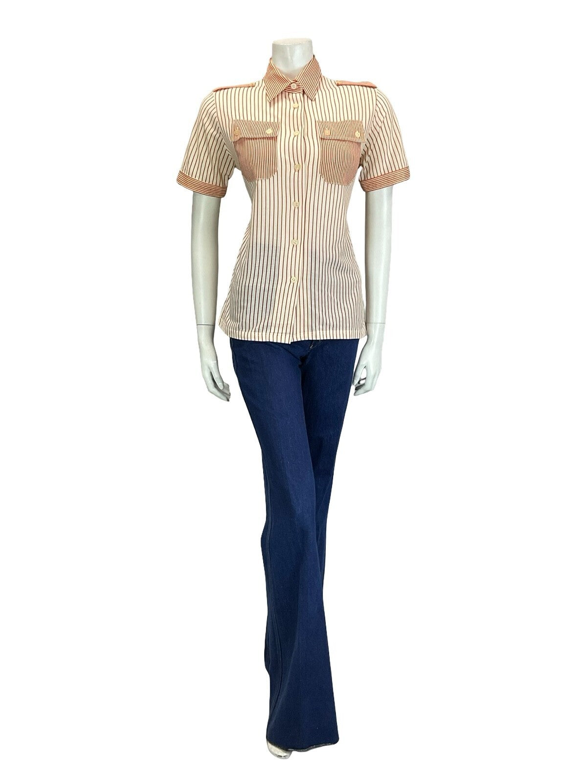 VTG 60S 70S CREAM ORANGE STRIPE UTILITY EPAULETTE MOD SHIRT W/ POCKETS 12