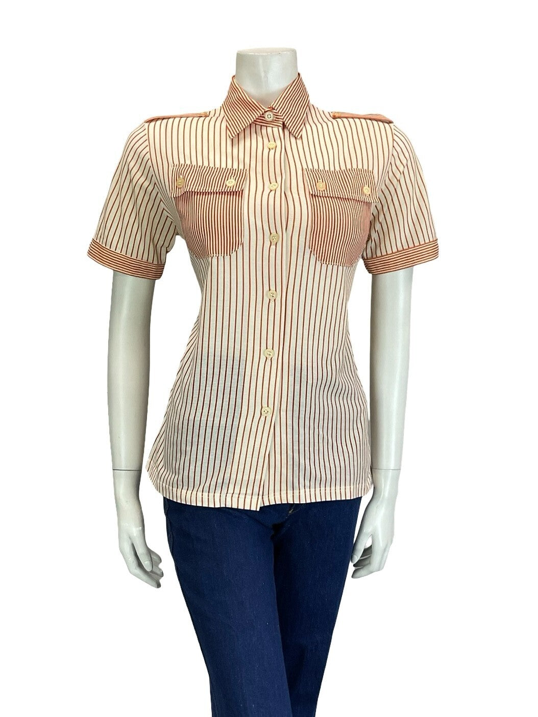 VTG 60S 70S CREAM ORANGE STRIPE UTILITY EPAULETTE MOD SHIRT W/ POCKETS 12