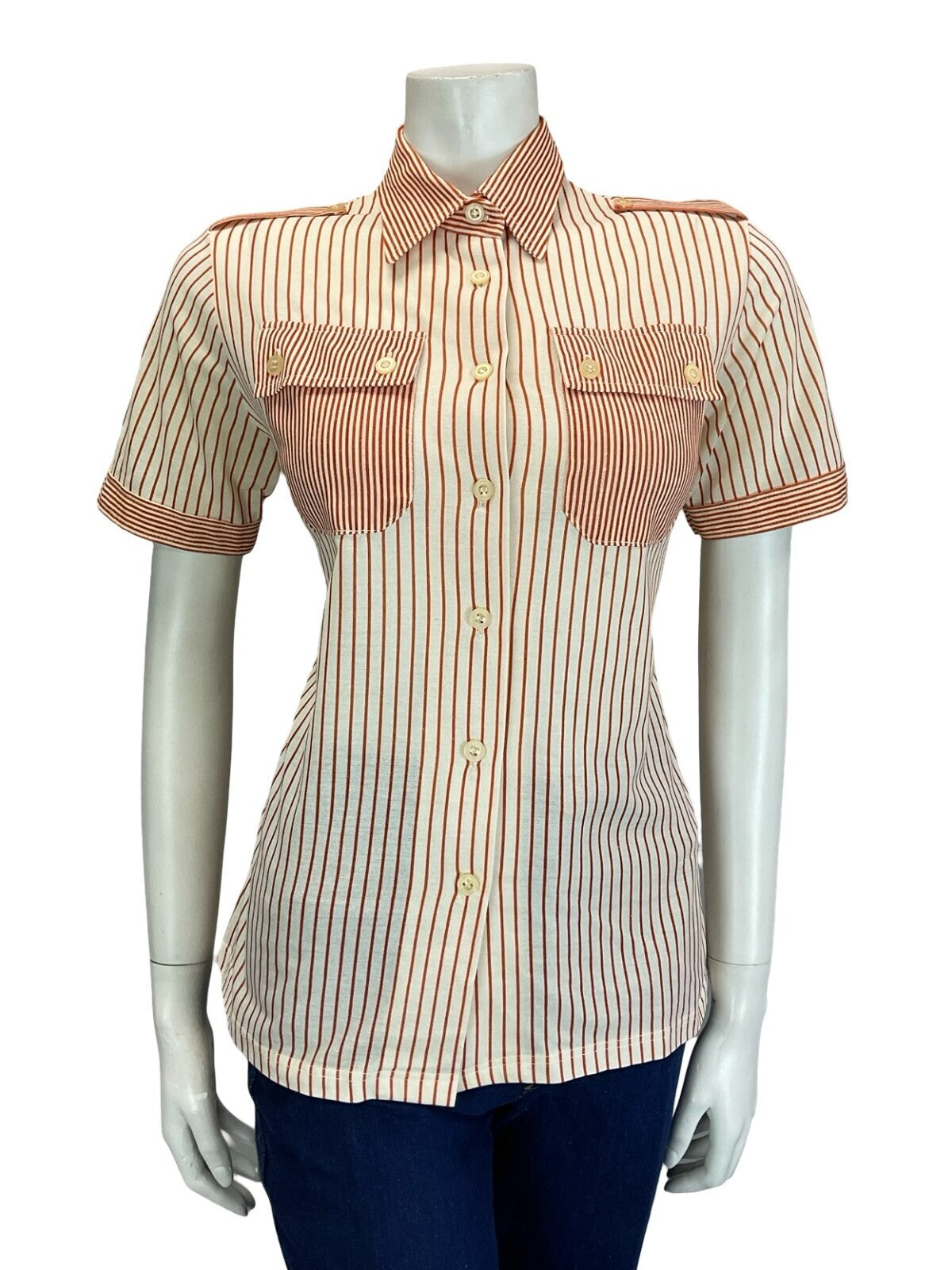 VTG 60S 70S CREAM ORANGE STRIPE UTILITY EPAULETTE MOD SHIRT W/ POCKETS 12