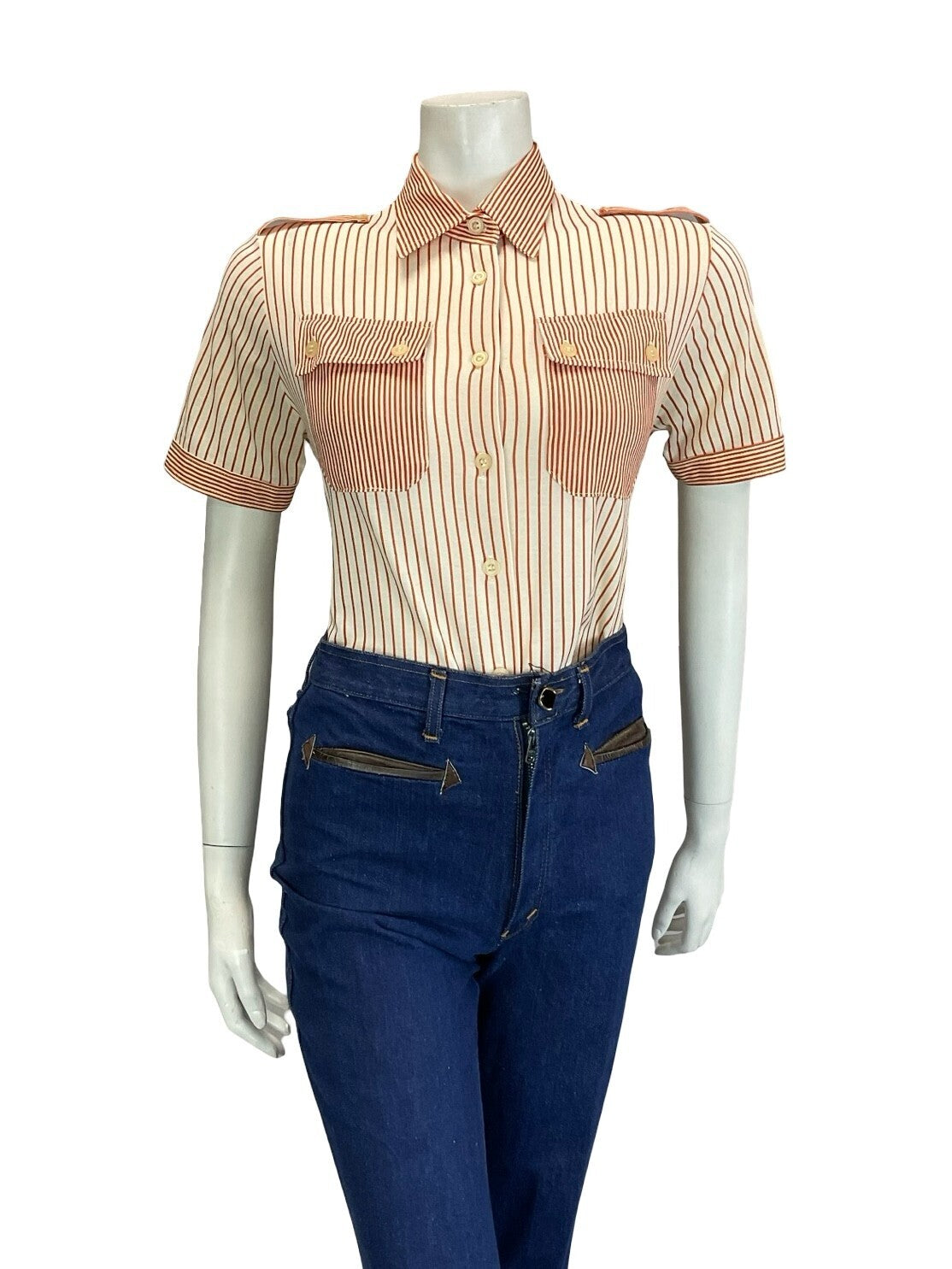 VTG 60S 70S CREAM ORANGE STRIPE UTILITY EPAULETTE MOD SHIRT W/ POCKETS 12
