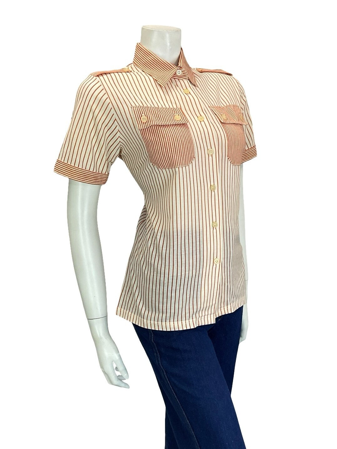 VTG 60S 70S CREAM ORANGE STRIPE UTILITY EPAULETTE MOD SHIRT W/ POCKETS 12