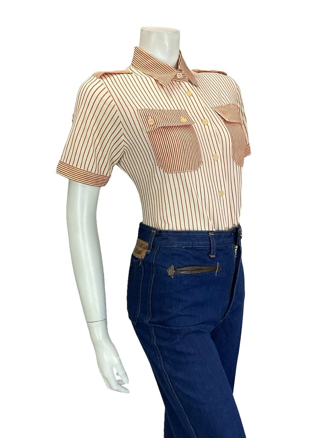 VTG 60S 70S CREAM ORANGE STRIPE UTILITY EPAULETTE MOD SHIRT W/ POCKETS 12