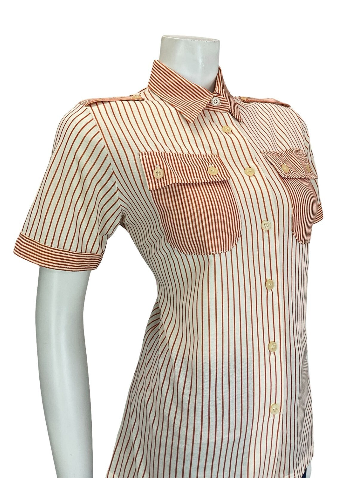 VTG 60S 70S CREAM ORANGE STRIPE UTILITY EPAULETTE MOD SHIRT W/ POCKETS 12