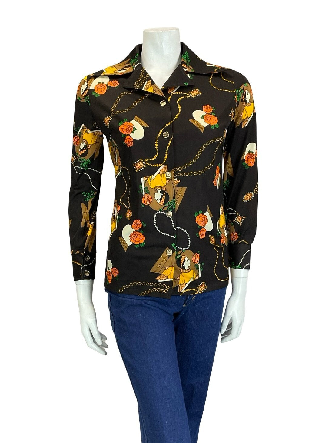 VTG 60S 70S BROWN ORANGE YELLOW CREAM WOMAN ROSE ART DECO DAGGER NOTCH SHIRT 10