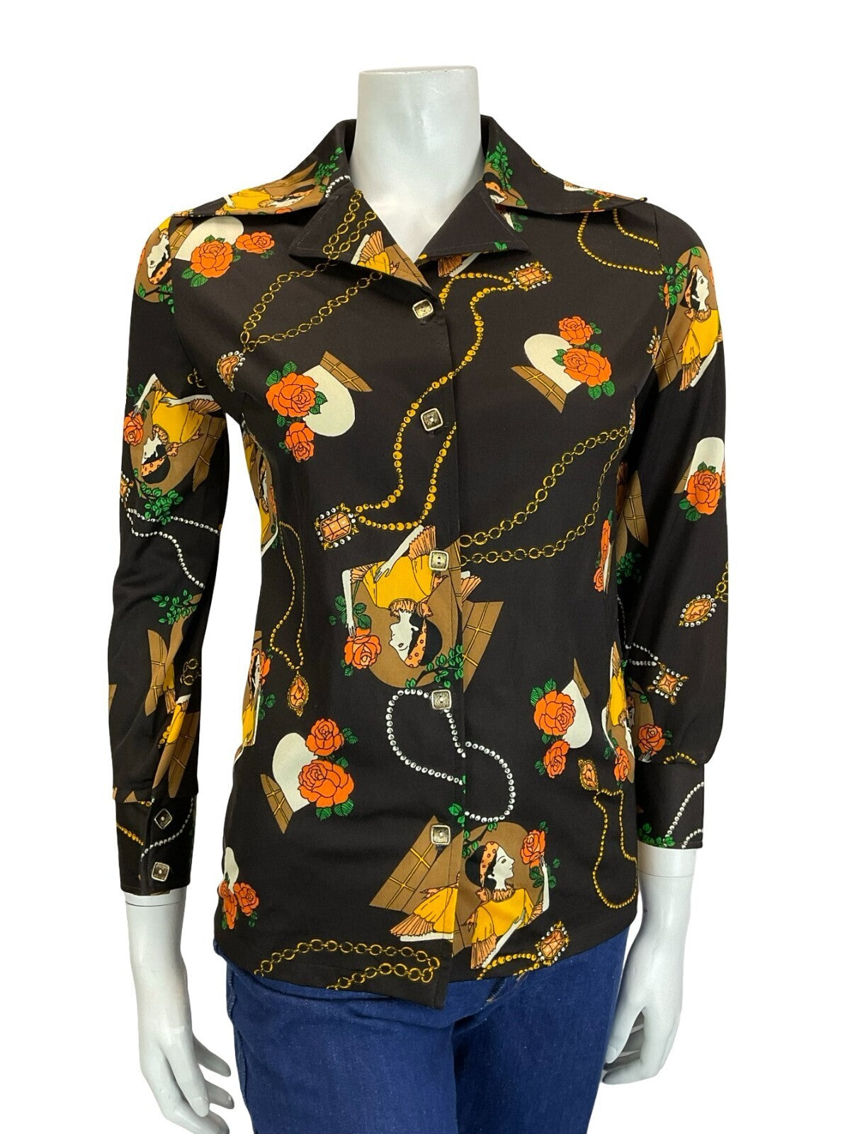 VTG 60S 70S BROWN ORANGE YELLOW CREAM WOMAN ROSE ART DECO DAGGER NOTCH SHIRT 10