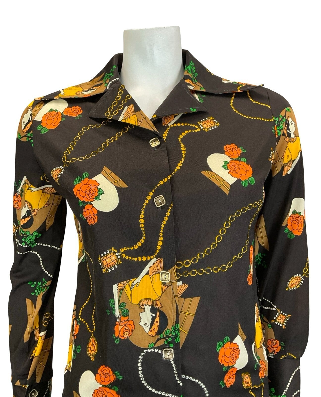 VTG 60S 70S BROWN ORANGE YELLOW CREAM WOMAN ROSE ART DECO DAGGER NOTCH SHIRT 10